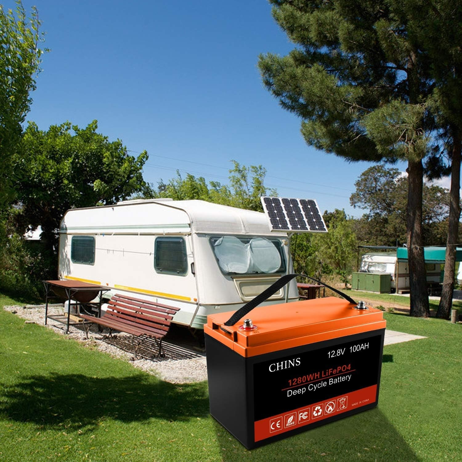 CHINS 12.8V 100Ah LiFePO4 Lithium Iron Battery Built-in Bluetooth for RV