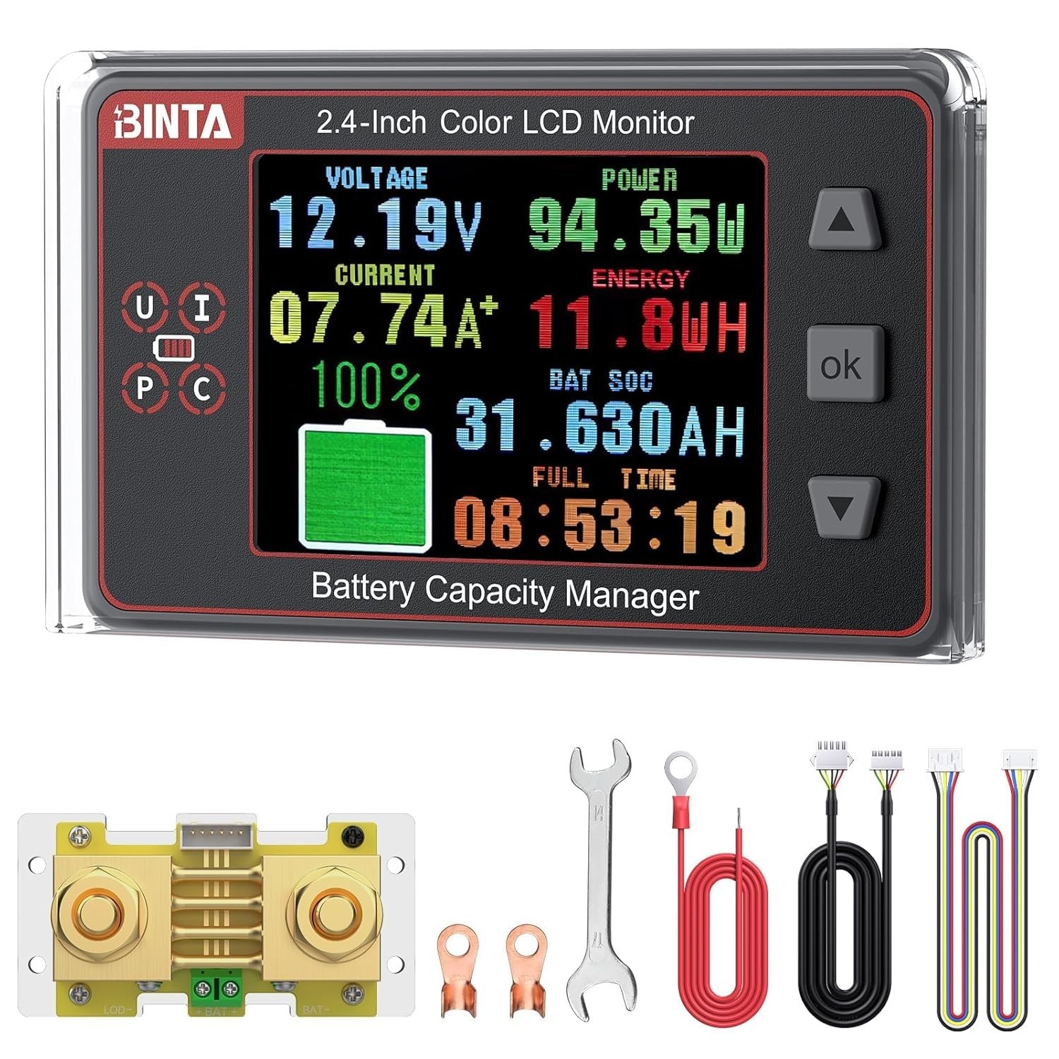 500A Battery Monitor Shunt 8-100V 2.4 Inch Color Screen for Lifepo4 Lithium