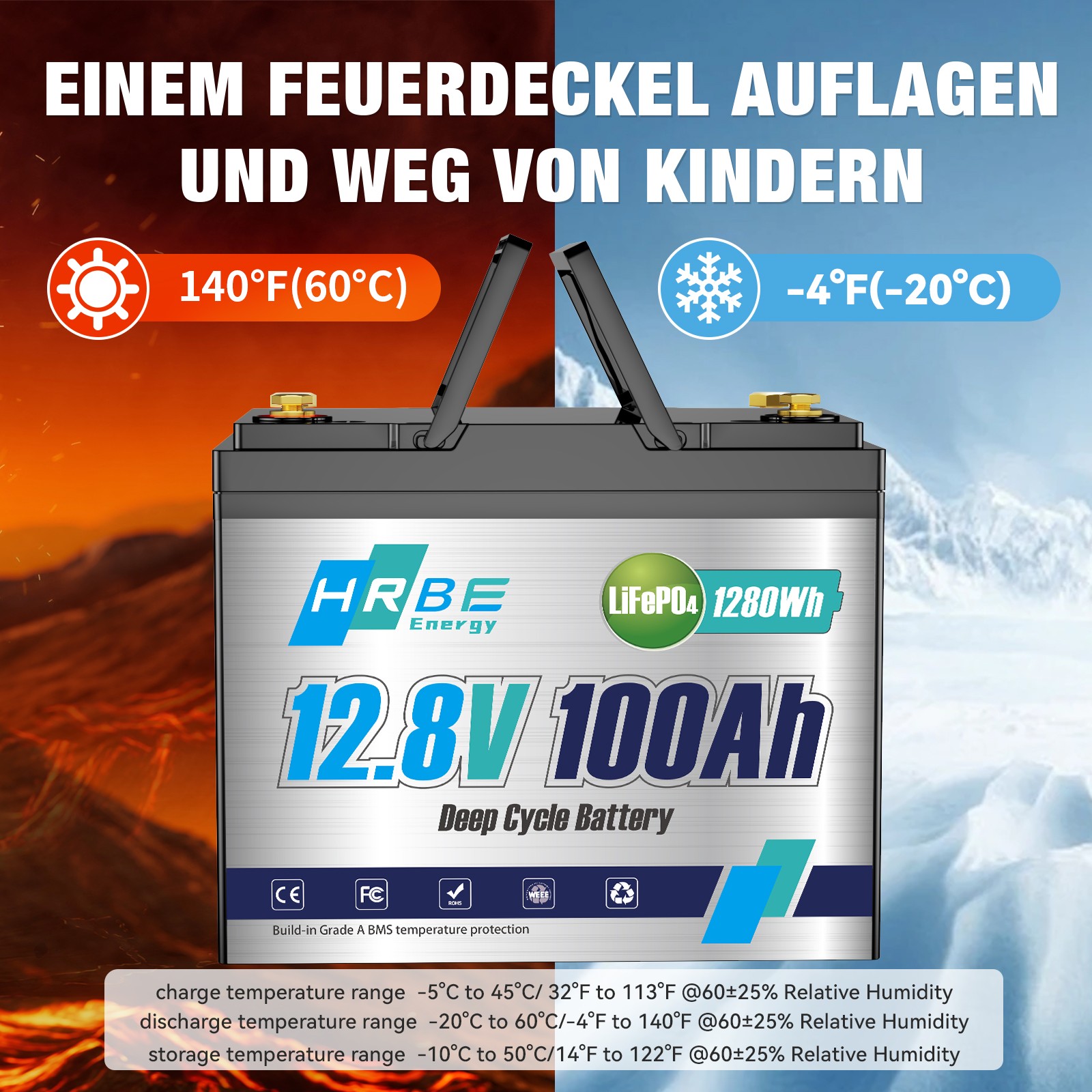 12V 100AH 1280Wh LiFePO4 Lithium Battery 100A BMS Deep Cycle For RV Solar Panel