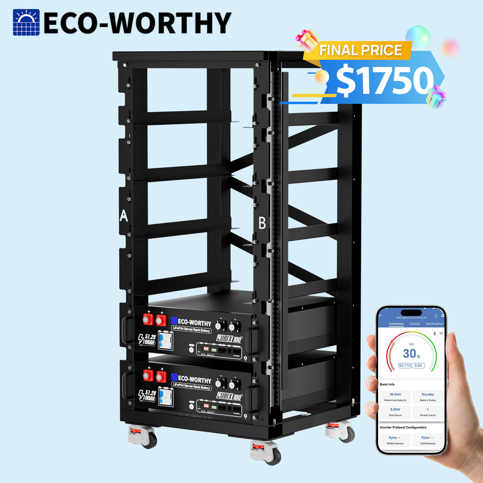 ECO-WORTHY 2Pack 48V 100AH Lithium Battery UL1973&UL9540A+6- Layer Server Rack