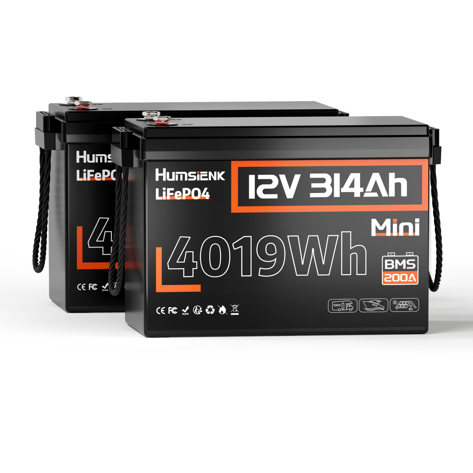 2Pcs 12V 314Ah 300Ah Mini LiFePO4 Battery 8038Wh for Camper Van Trailer Off-Grid
