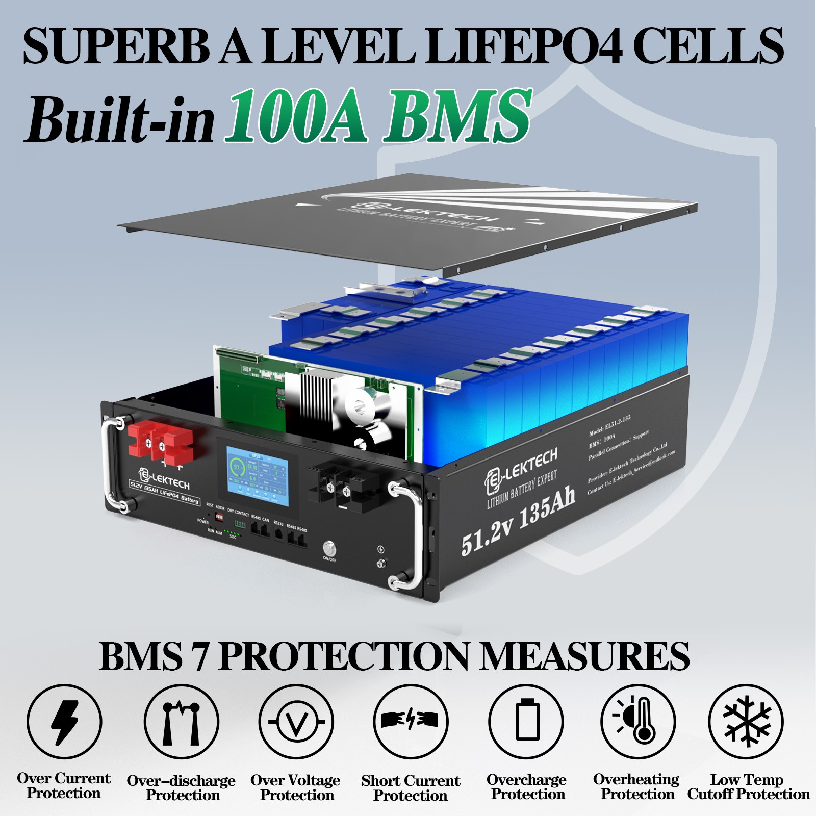 48V 135Ah 6912Wh 3U Server Rack Lithium LiFePO4 Battery RS232/RS485 Home Storage