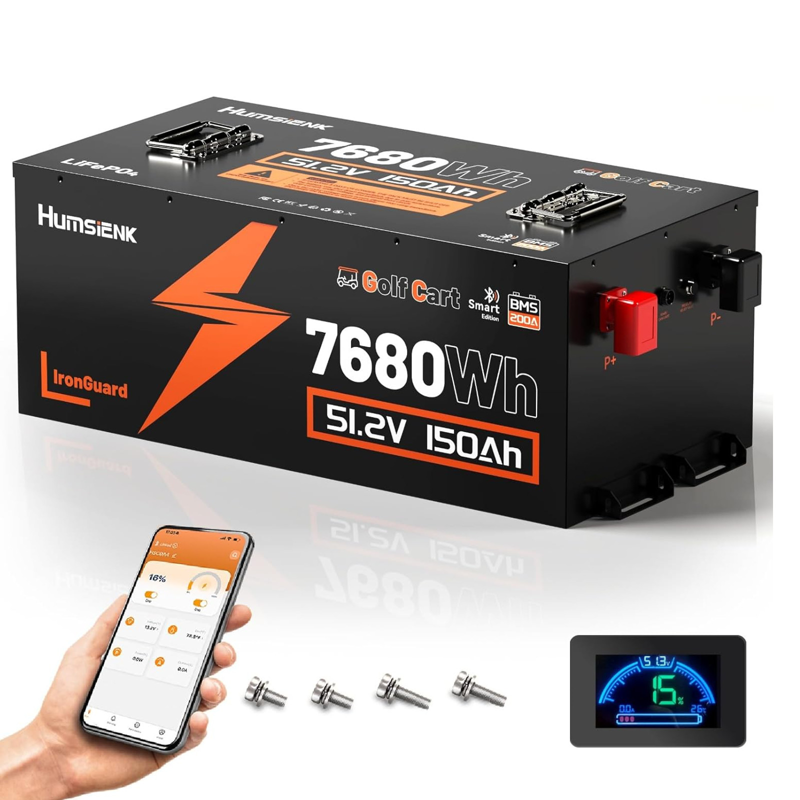 48V 150Ah LiFePO4 Lithium Golf Cart Battery Metal Case 15000+ Cycles Bluetooth