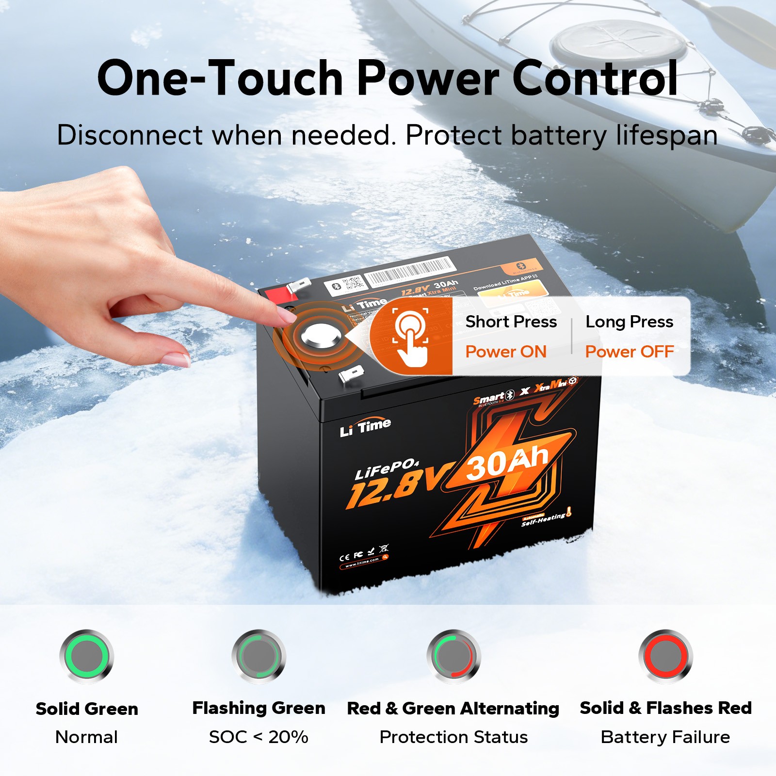 LiTime Portable 12V 30Ah Ice Fishing Lithium Battery with Bluetooth Self-Heating