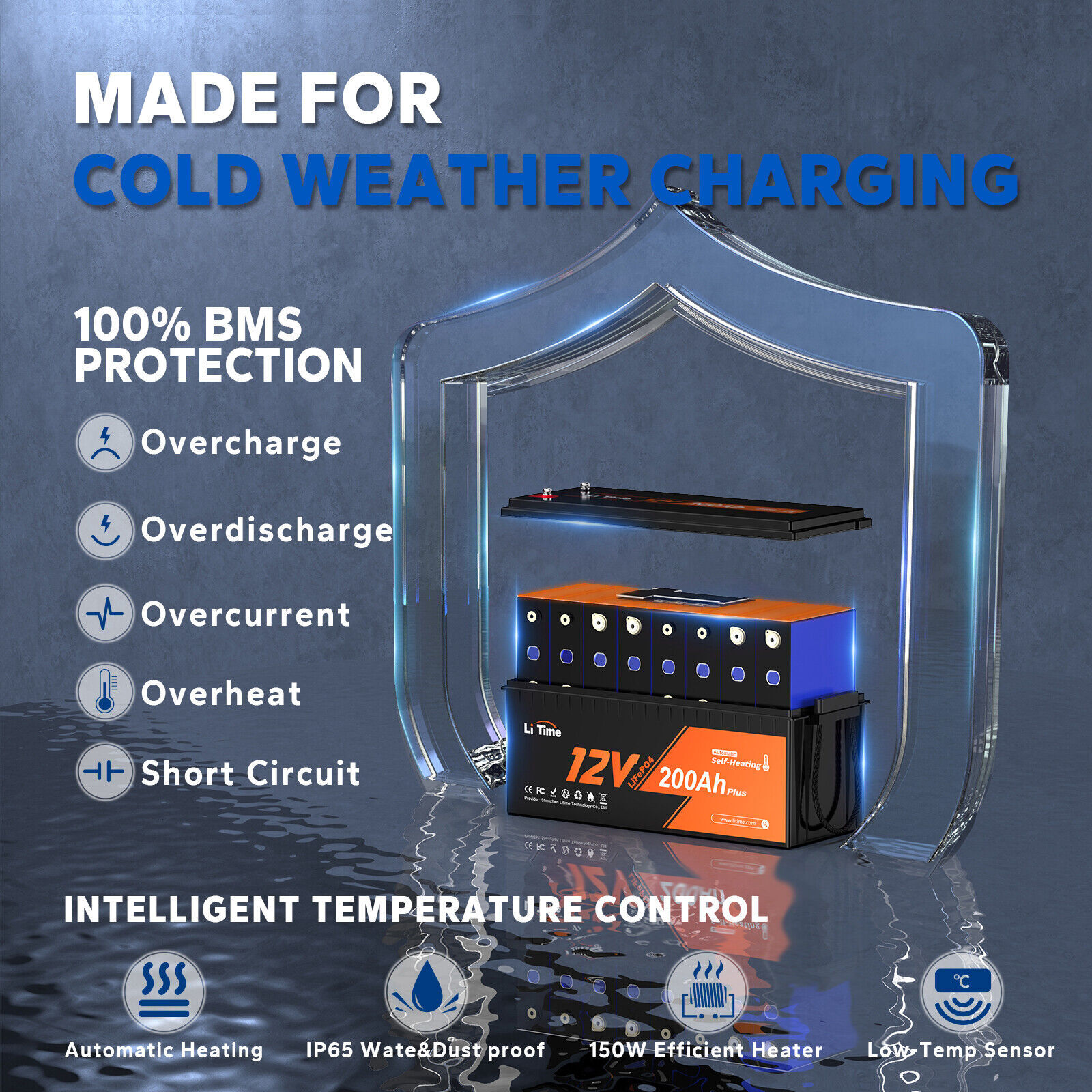 Litime 12V 200Ah Plus Heated LiFePO4 Lithium Battery Heating -4°F For Off-grid