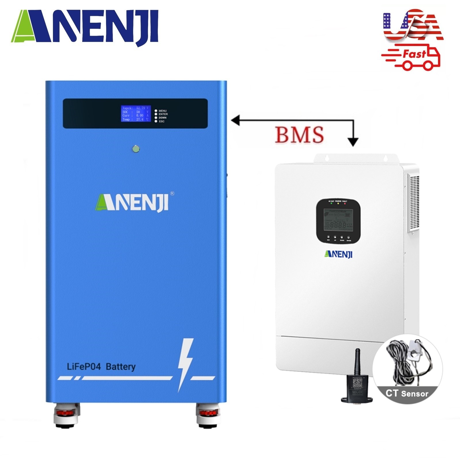 16Kwh 314Ah 51.2V LiFePO4 Battery Storage+6500W Solar Hybrid Inverter 110V/120V