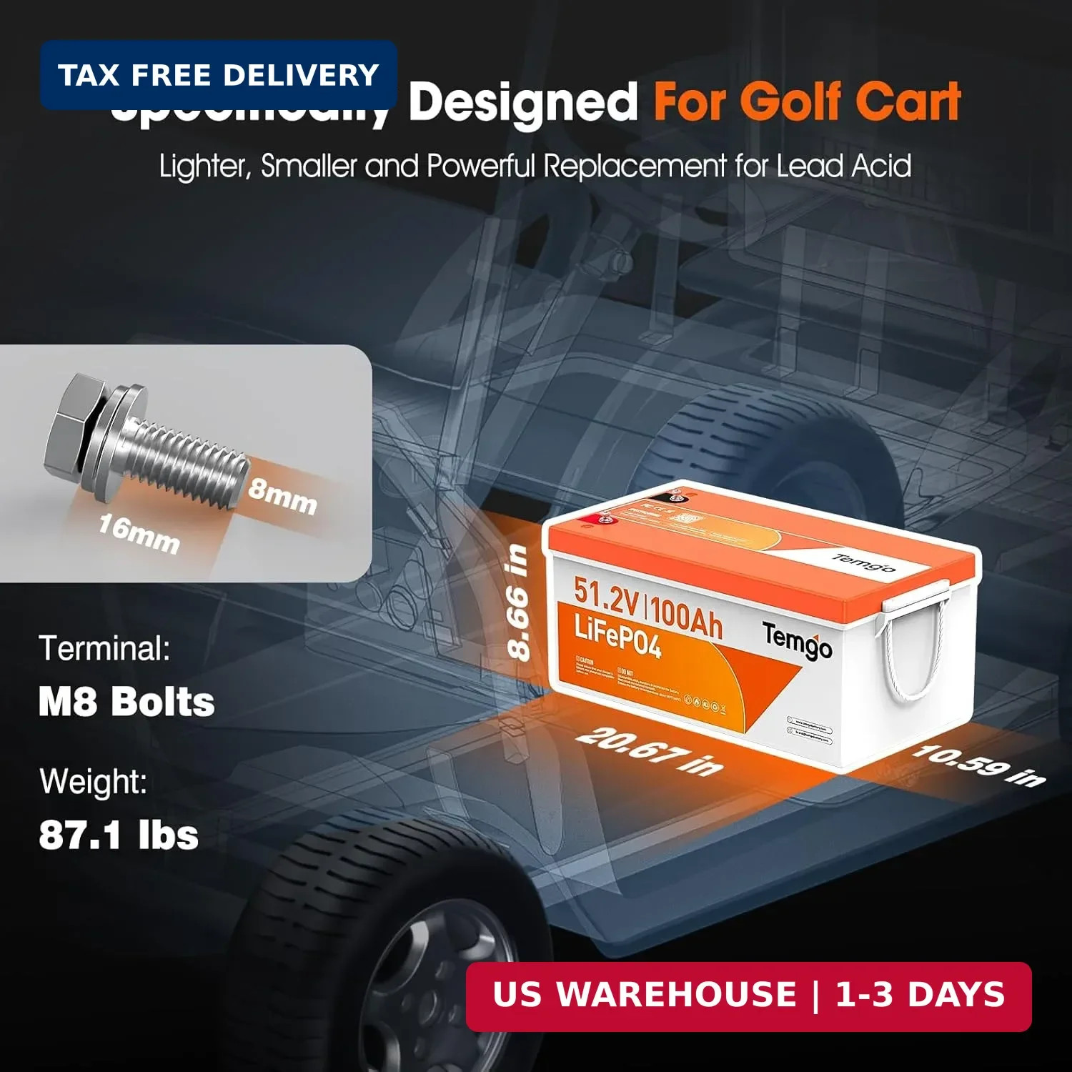 48V (51.2V) 100Ah LiFePO4 Lithium Golf Cart Battery, Built-in 200A BMS, Complete