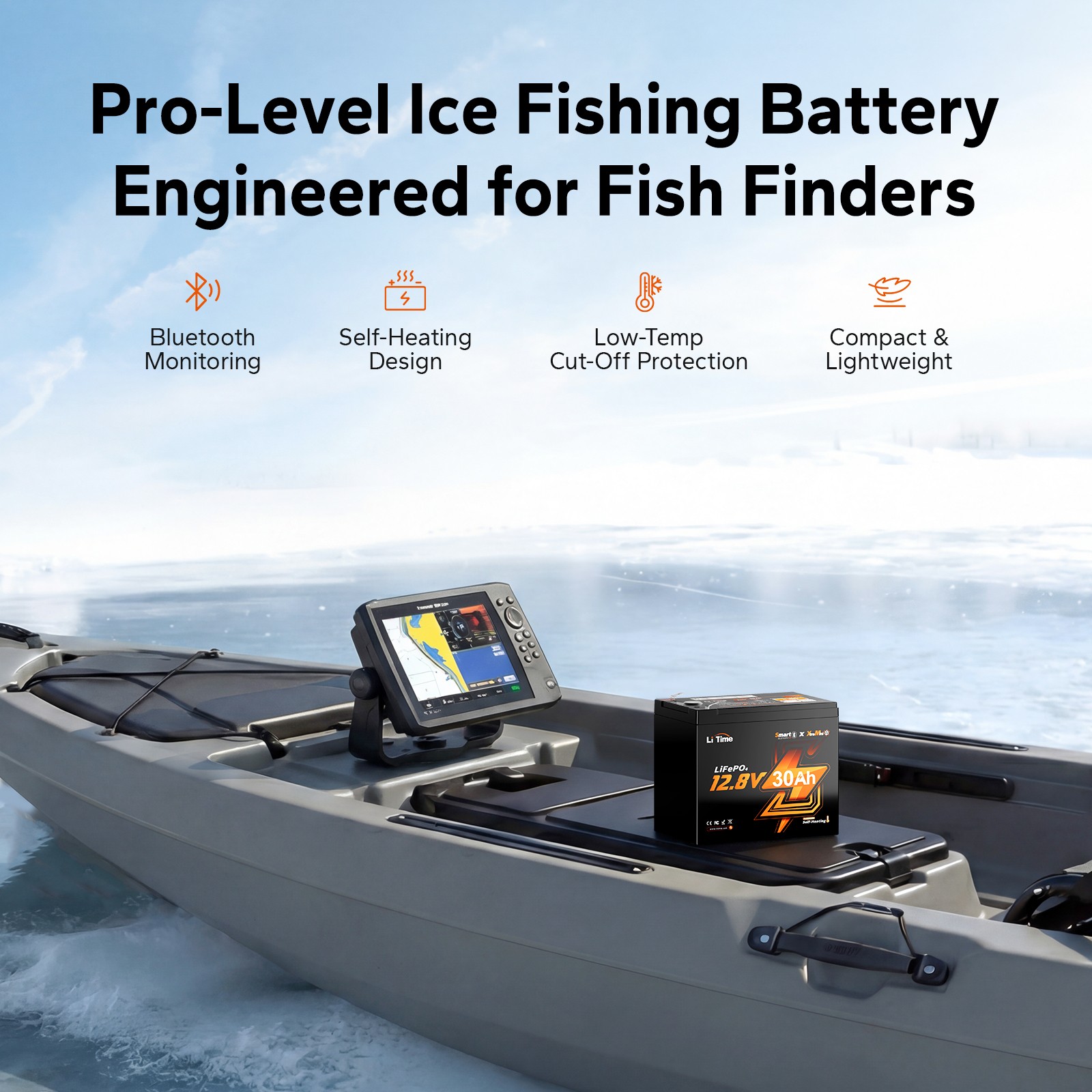 LiTime Portable 12V 30Ah Ice Fishing Lithium Battery with Bluetooth Self-Heating