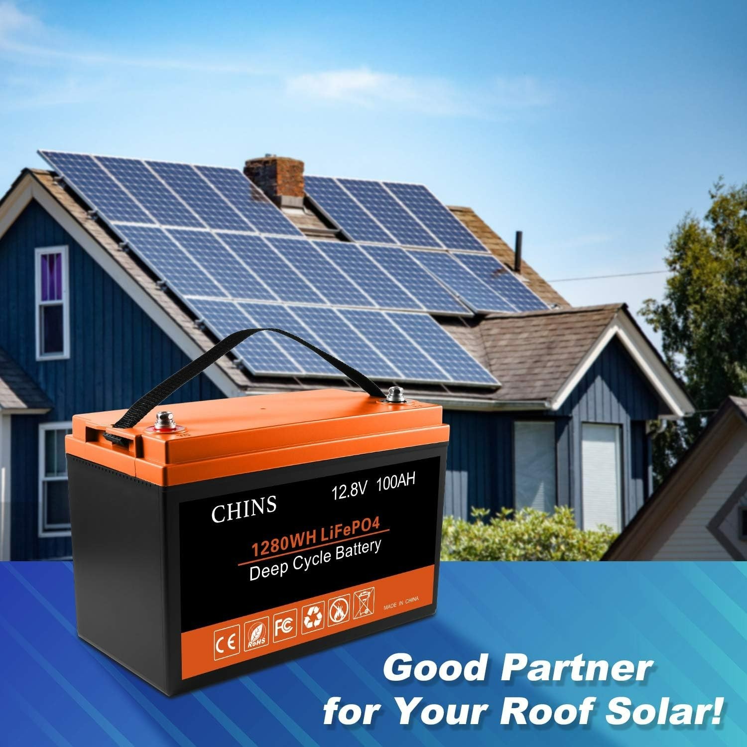 CHINS 12.8V 100Ah LiFePO4 Lithium Iron Battery Built-in Bluetooth for RV