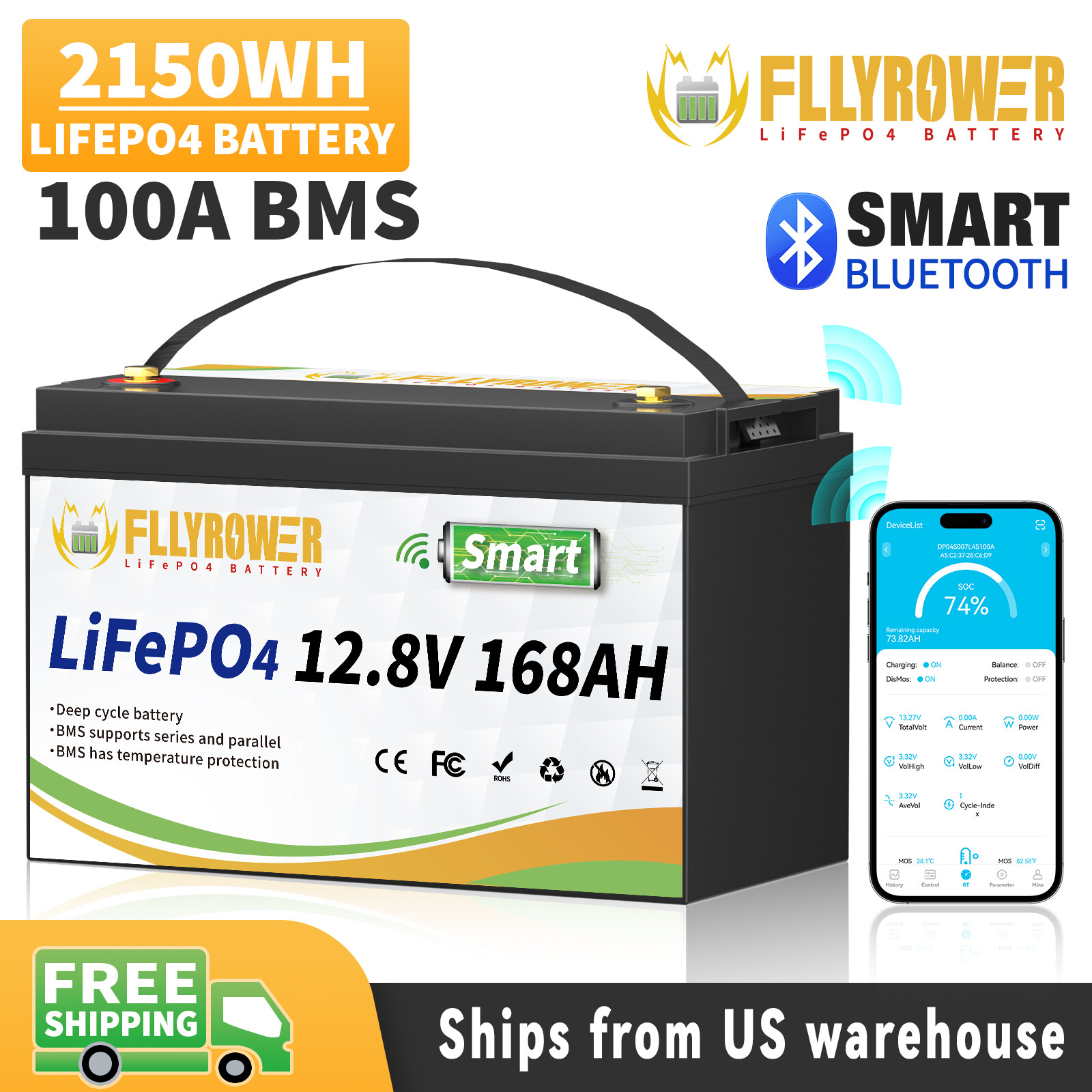 2150Wh 12V 168Ah LiFePO4 Lithium Battery Bluetooth RV Trolling Motor Group 31