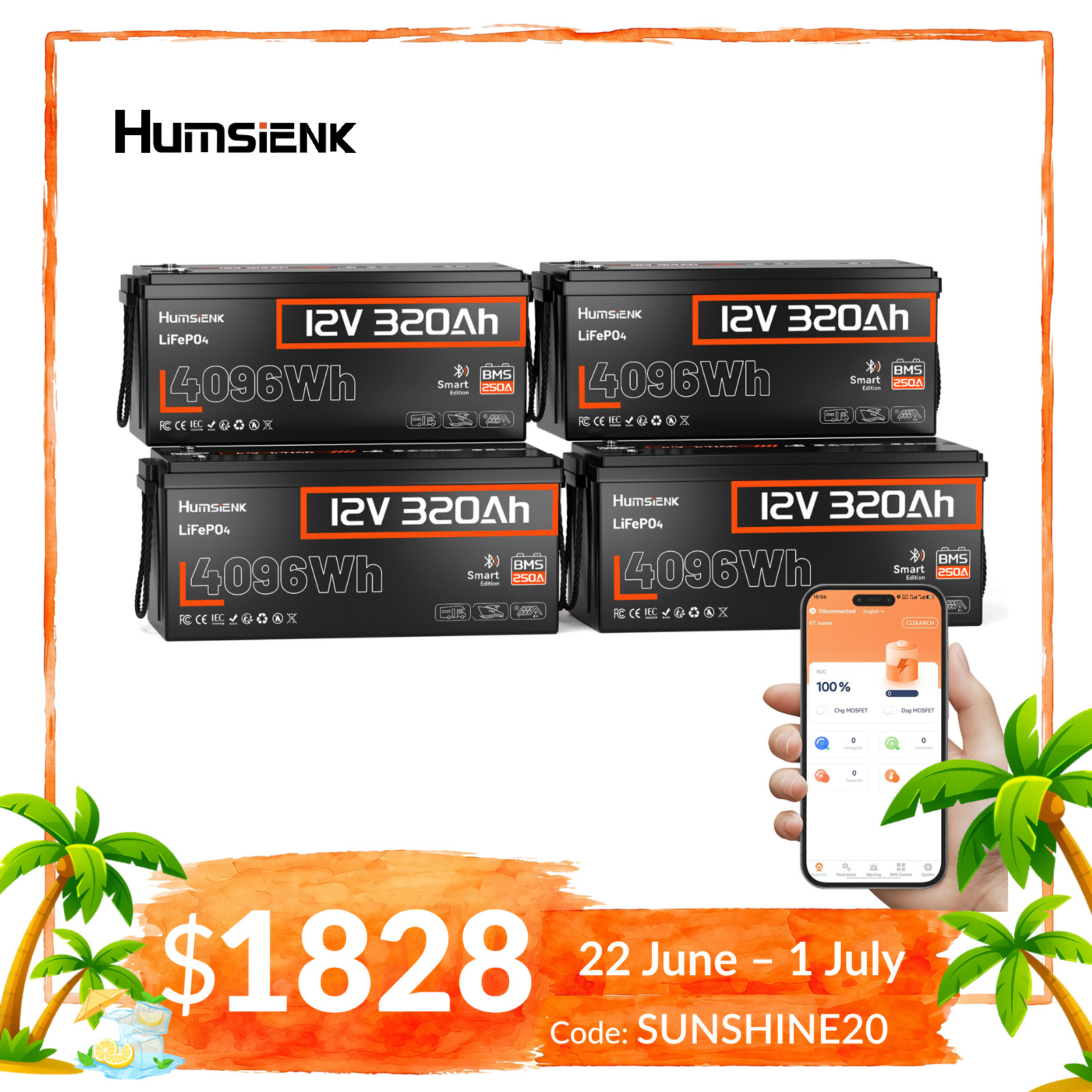 4Pack 12V 320Ah LiFePO4 Lithium Battery 16.38KWh Bluetooth Solar Off-Grid Yacht