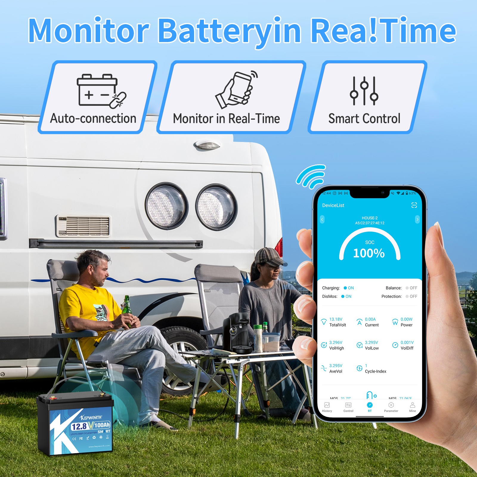 12V 100AH LiFePO4 Lithium MINI Battery Bluetooth 100A BMS for Solar RV Off-grid