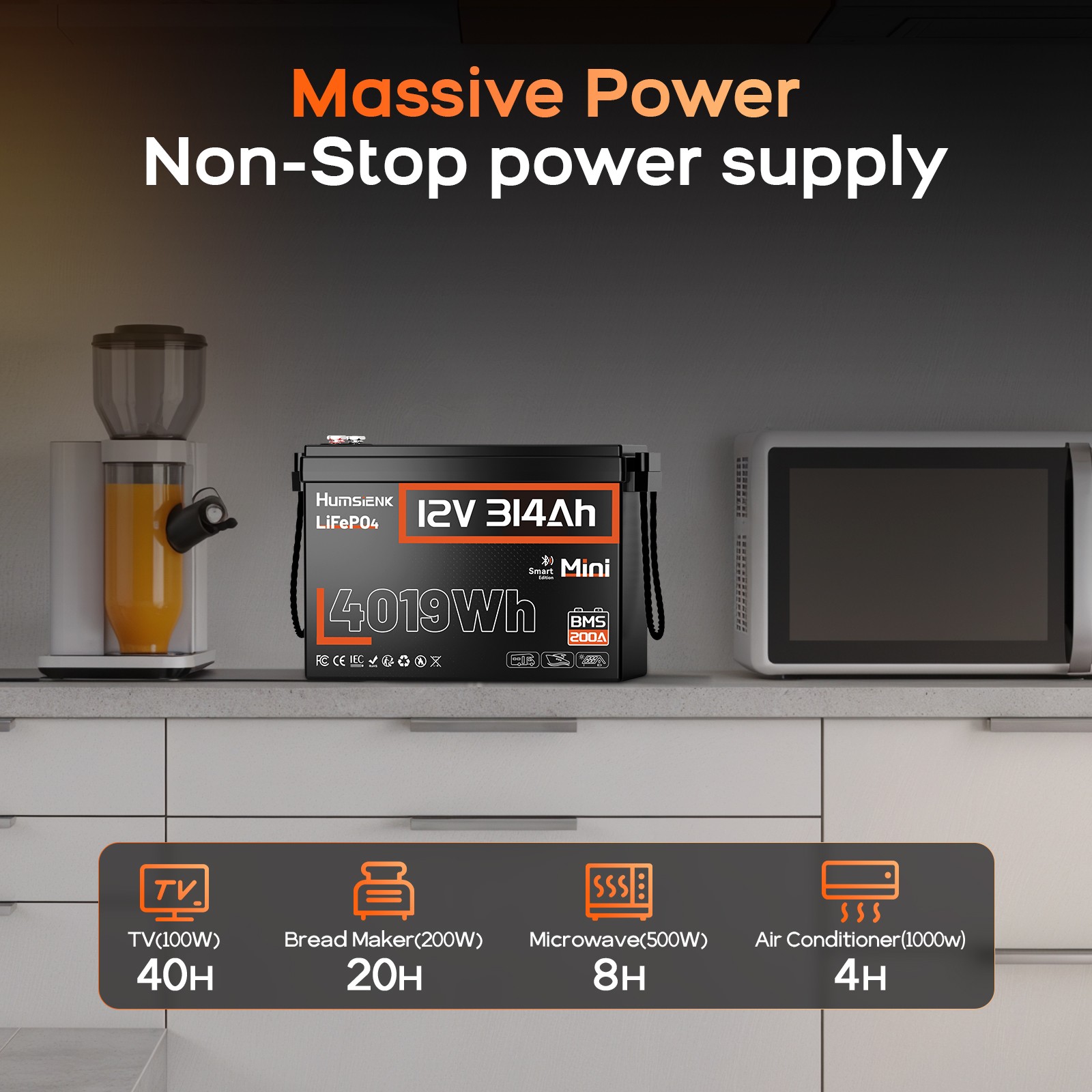 Humsienk 12V 314Ah 300Ah 4019Wh LiFePO4 Lithium Battery 200A BMS Bluetooth APP