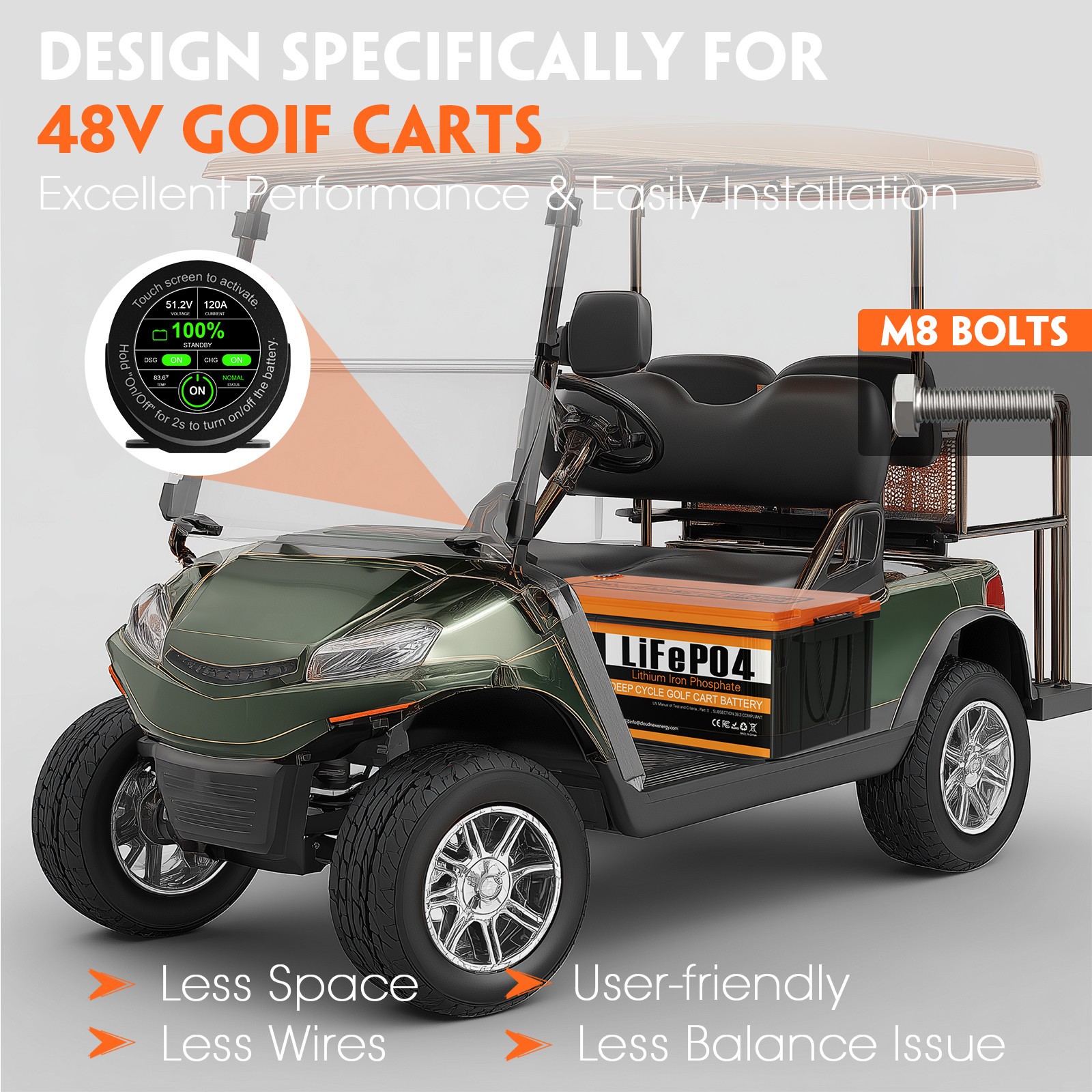 48V 120Ah LiFePO4 Golf Cart Battery Lithium Battery w/ 20A Charger Bluetooth BMS