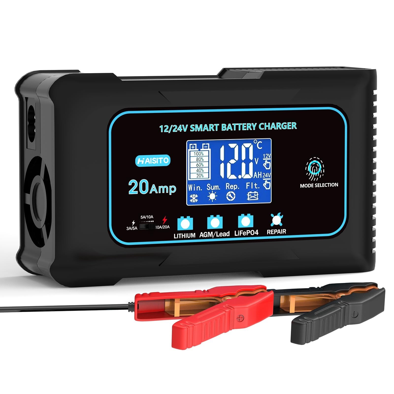Haisito 20-Amp Smart Battery Charger (Lithium LiFePO4 & Lead-Acid), 12V/24V R…