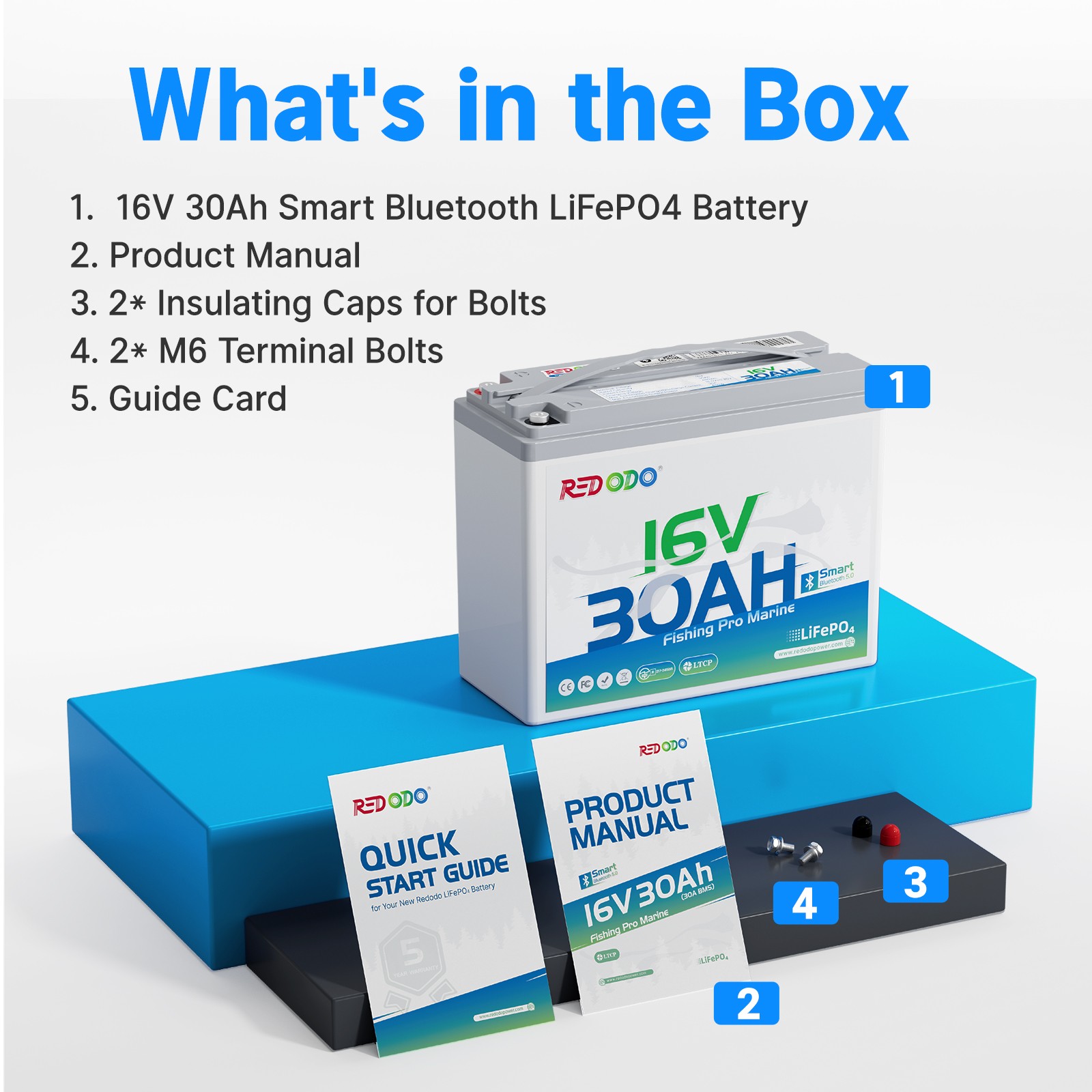 Redodo 16V 30Ah Bluetooth LiFePO4 Battery for Fishfinder,Marine Excellent