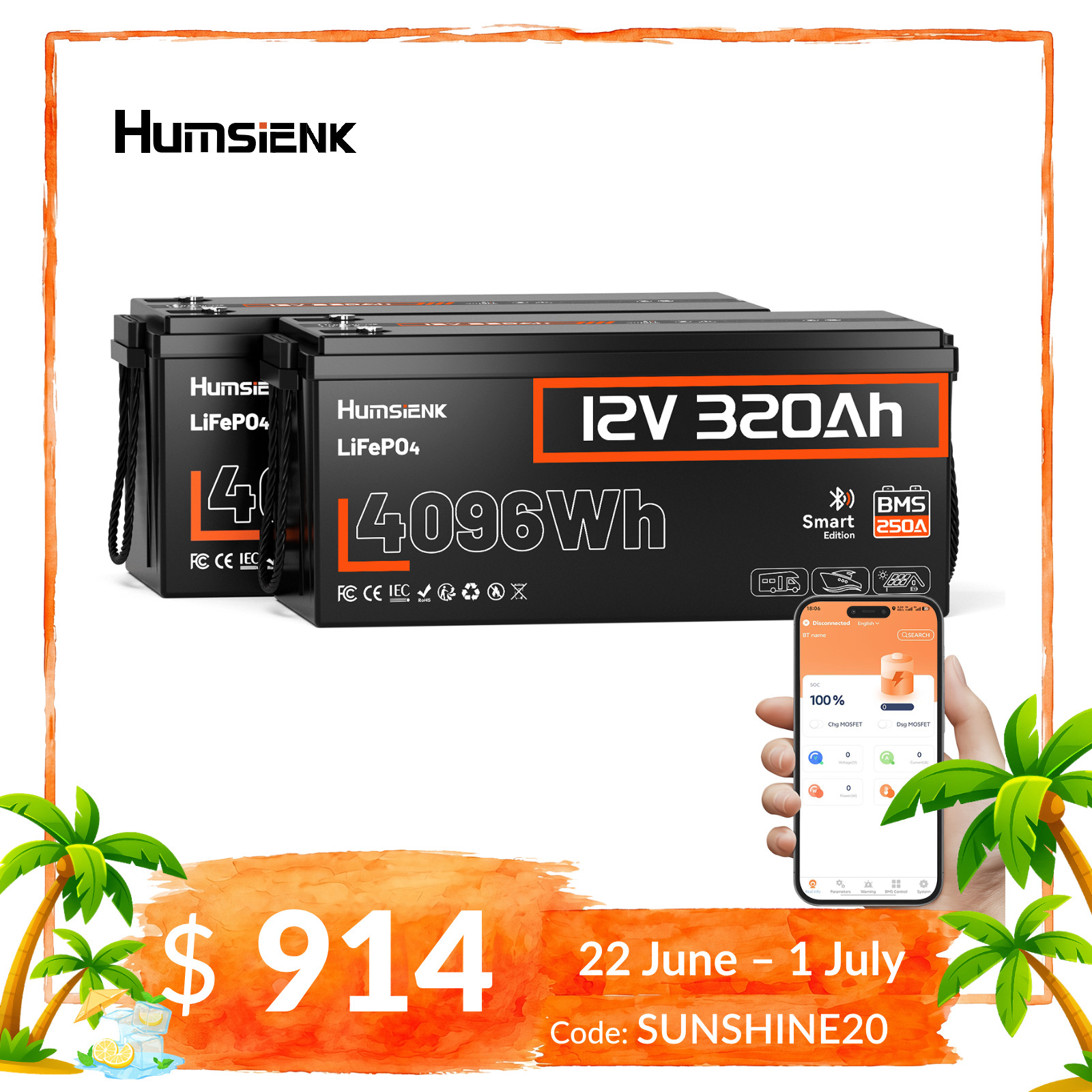 2Pack 12V 320Ah 8192Wh LiFePO4 Lithium Battery Bluetooth APP 6,000+ Cycles Yacht