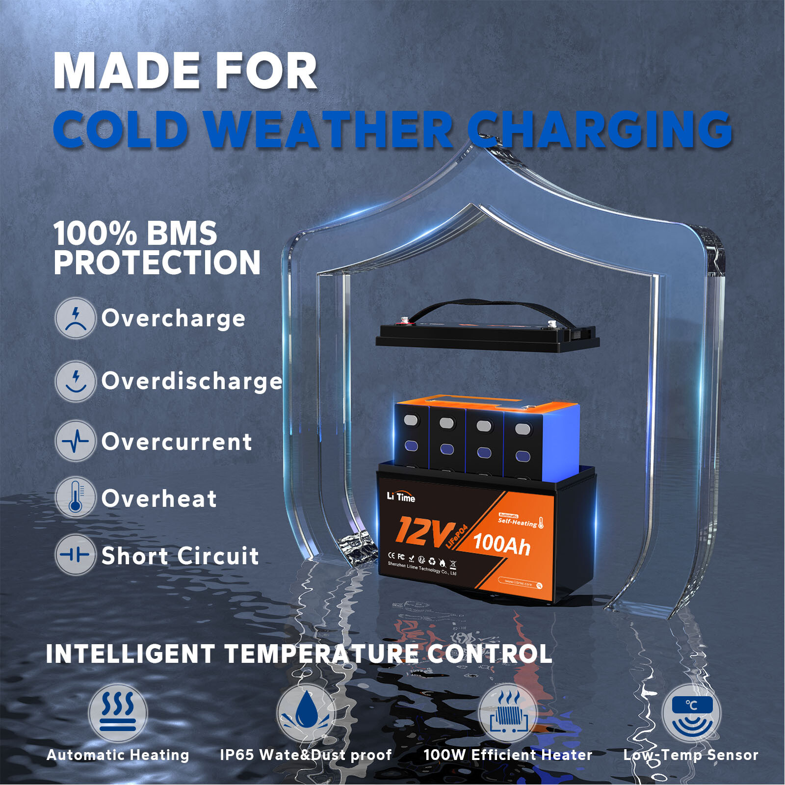 Litime 12V 100Ah Self Heating LiFePO4 Lithium Battery For RV Marine-Refurbished