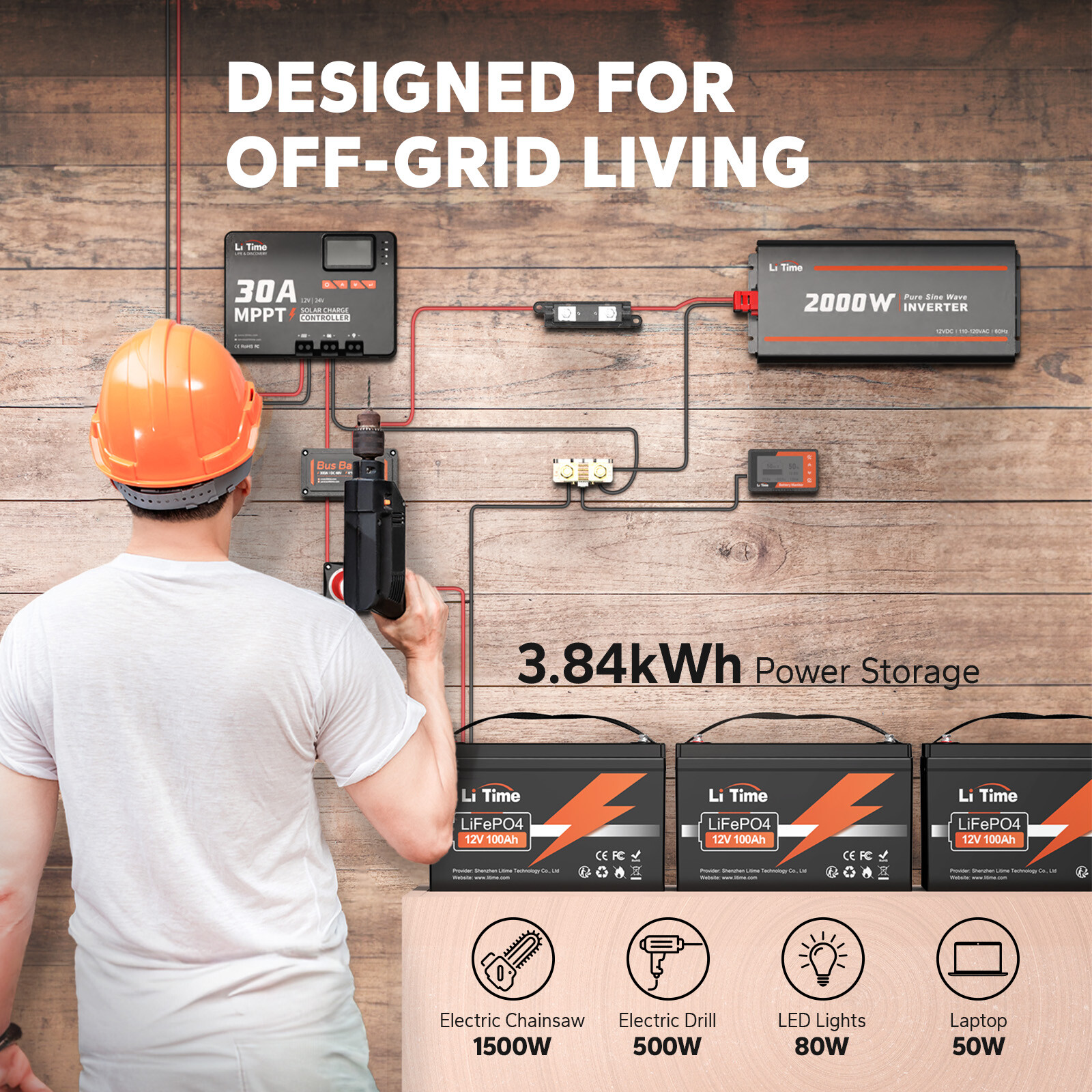LiTime 3.84kWh Battery System 3x12V 100Ah LiFePO4+30A MPPT+2000W Inverter for RV