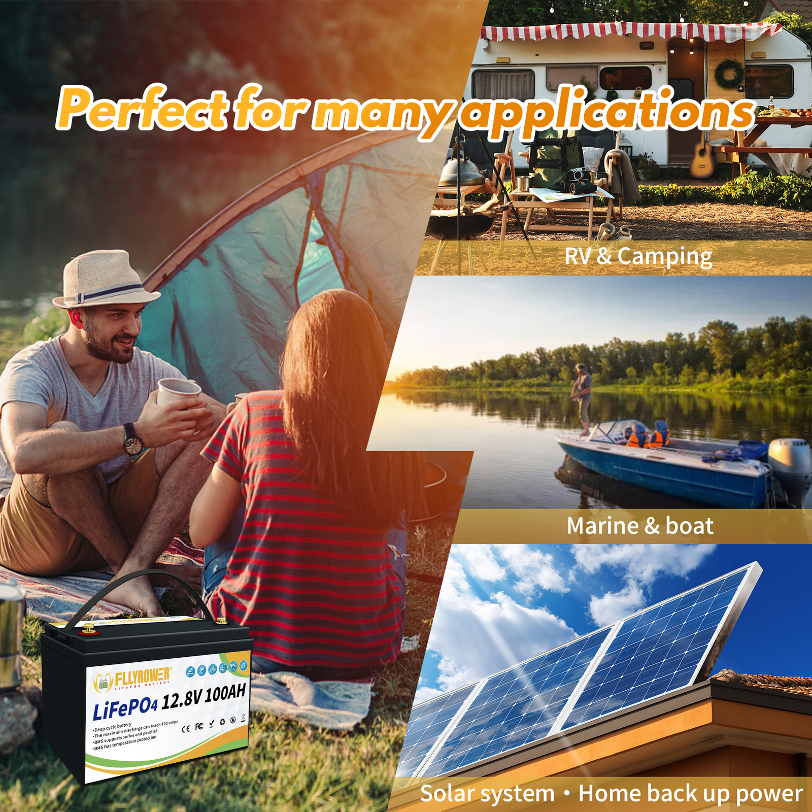 12V 100Ah LiFePO4 Deep Cycle Lithium Battery w/ 100A BMS for Solar RV Off-grid