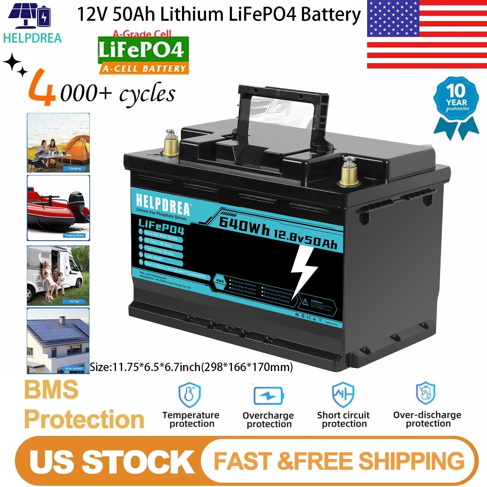 12V 50Ah LiFePO4 Lithium Battery for Solar Golf cart Home Trolling Motor 50A BMS