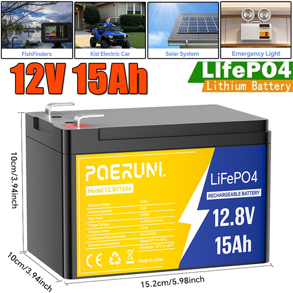 12V 15Ah LiFePO4 Lithium Battery Deep Cycle Built-in BMS For Solar RV Marine RV