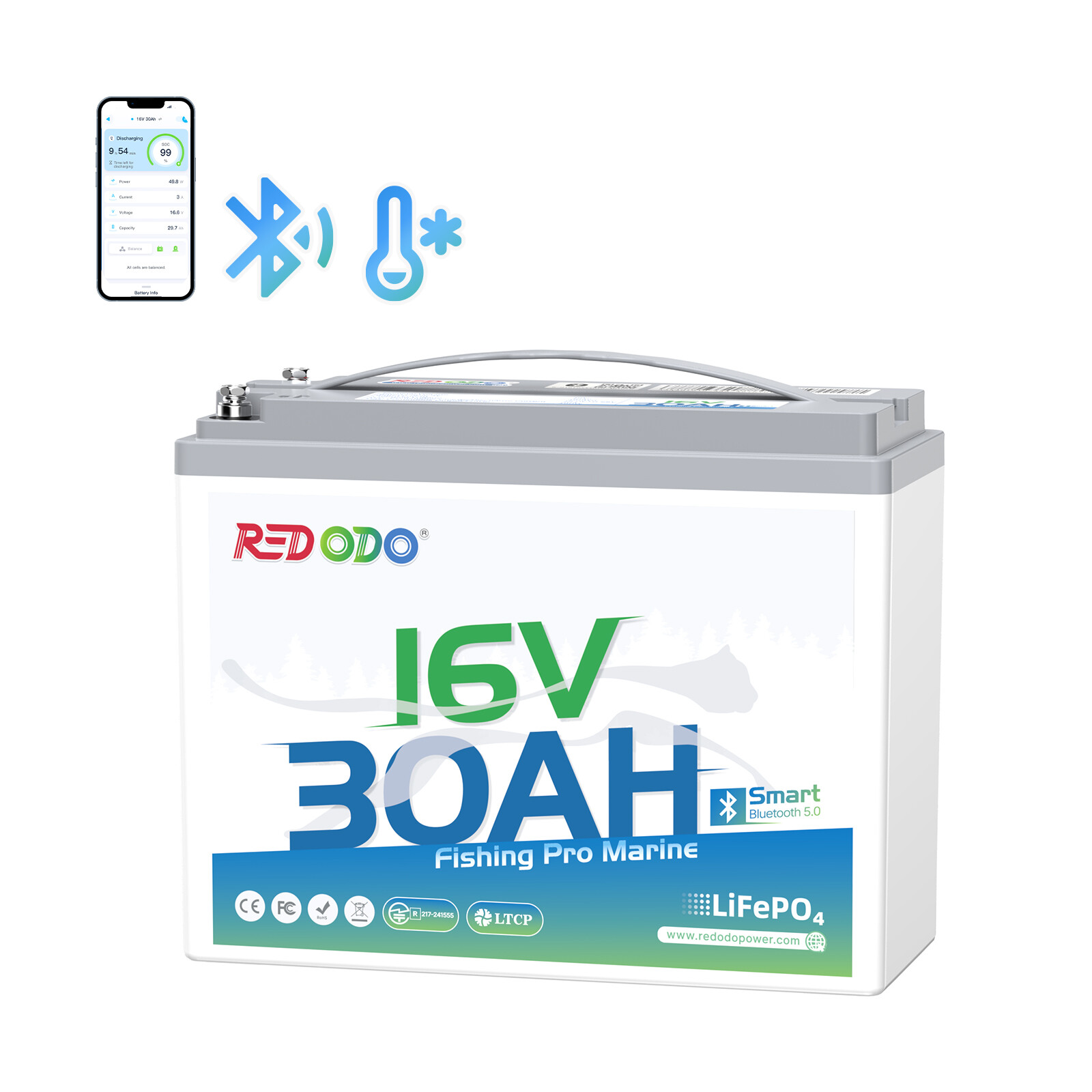 Redodo 16V 30Ah Bluetooth LiFePO4 Battery for Fishfinder,Marine Excellent