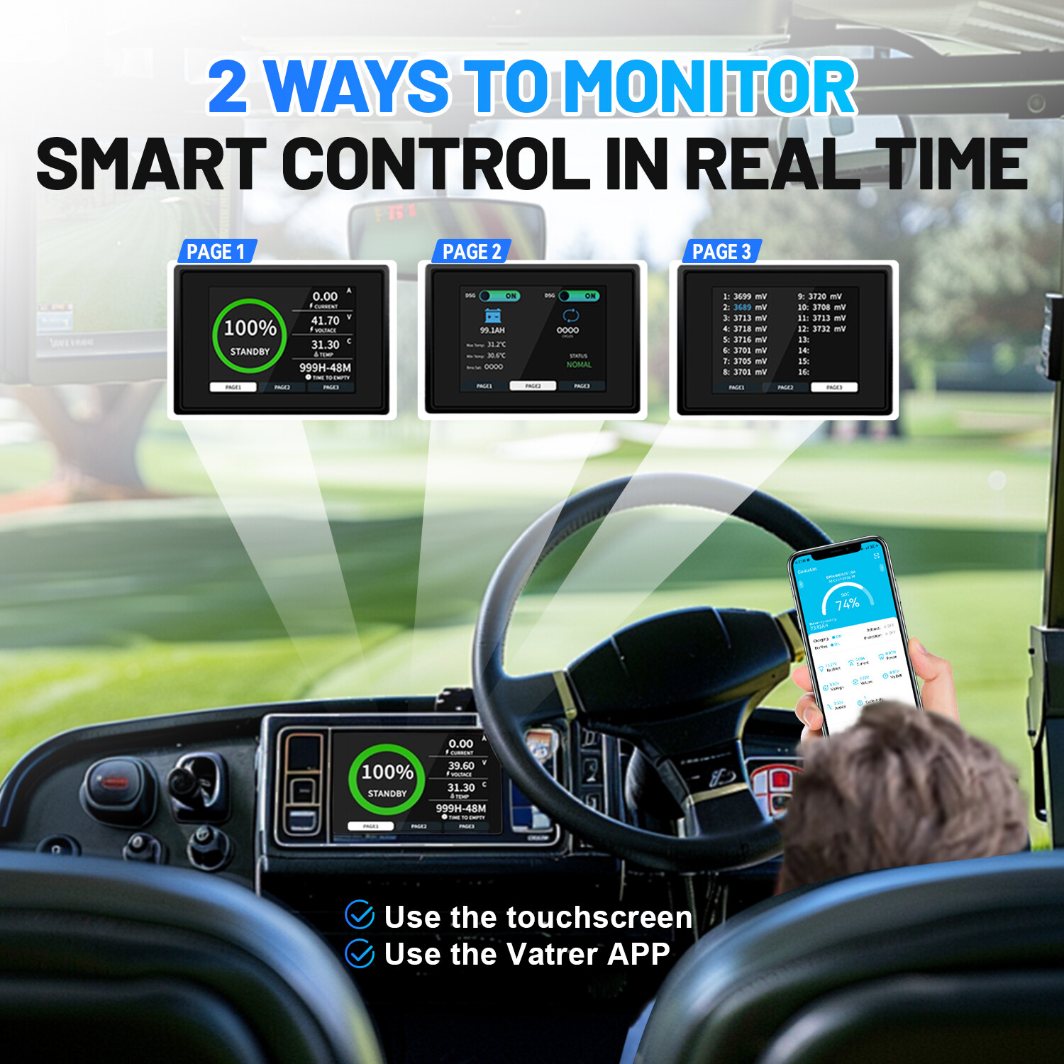 36V 105Ah LiFePO4 Golf Cart Battery kit with 20A charger + Touch Monitor + APP