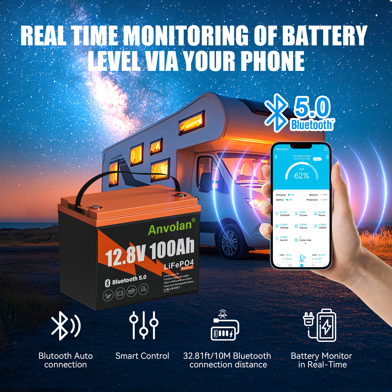 12V 100Ah LiFePO4 Bluetooth RV Lithium Batteries 100A BMS for Camper Trailer