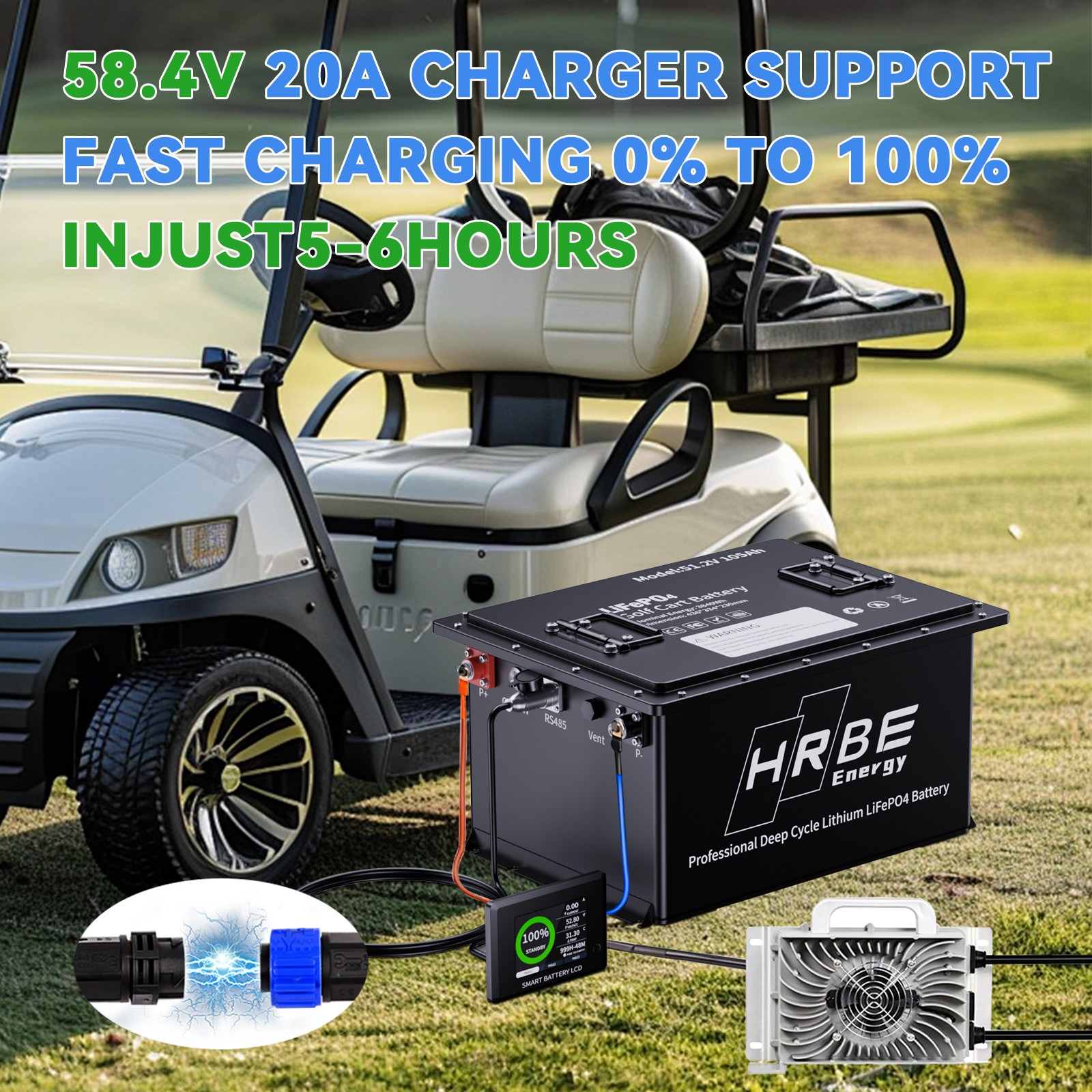 48V 105Ah Golf Cart LiFePO4 Lithium Battery 15000+ Cycle 200A BMS + 20A Charger