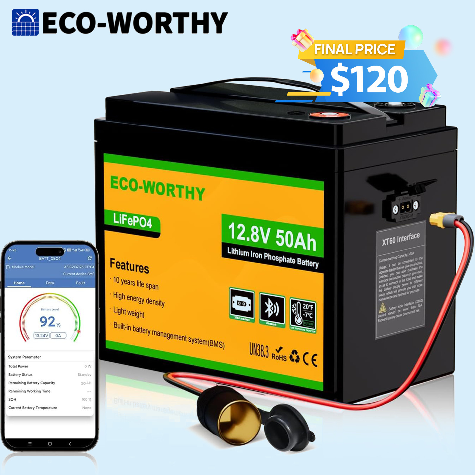 ECO-WORTHY 12V 50Ah LiFePO4 Lithium Battery with XT60 Interface