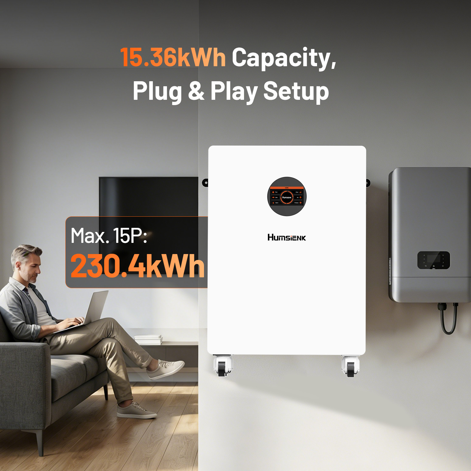 Humsienk 15.36kWh 48V 300Ah Wall-Mounted LiFePO4 Lithium Battery 200A BMS Solar