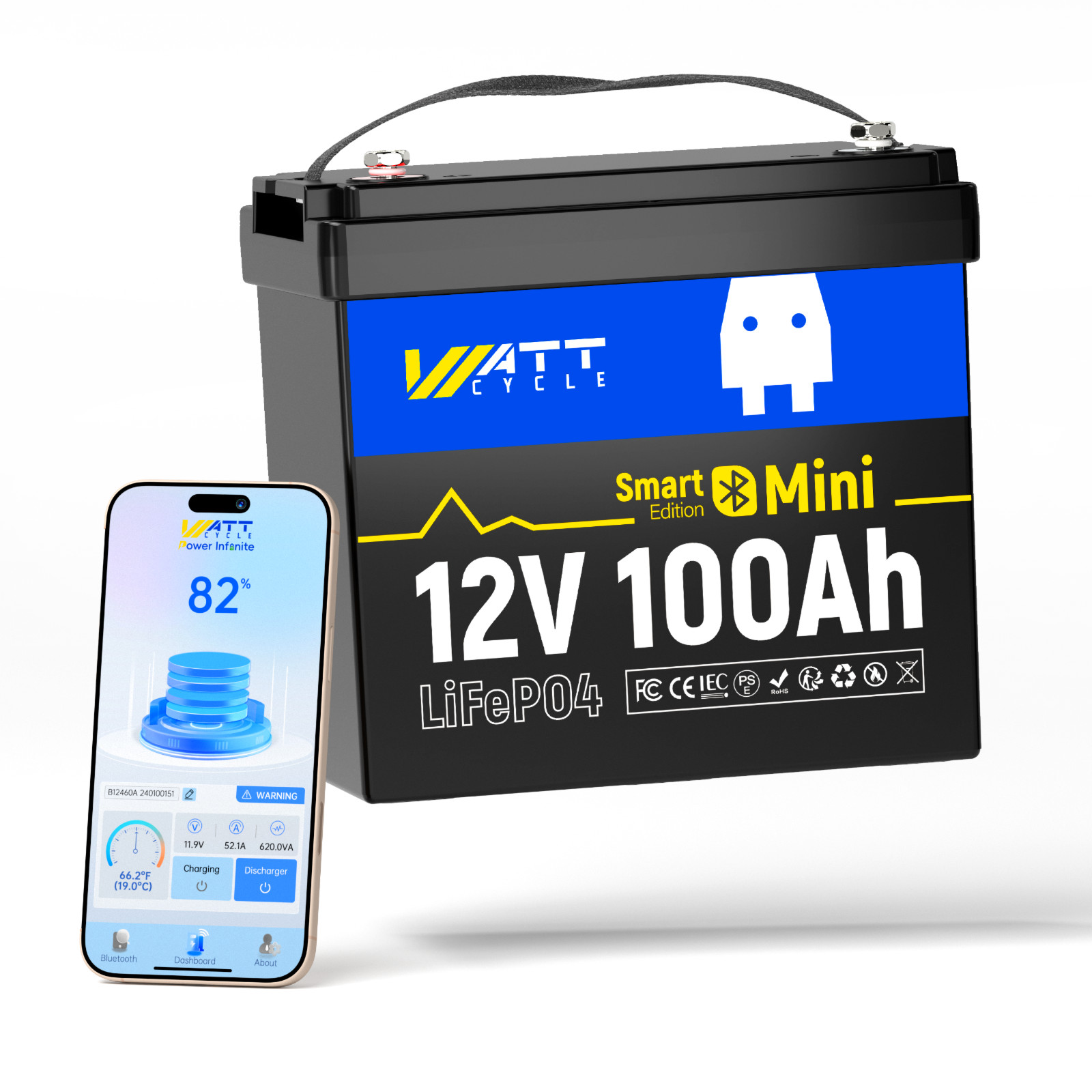 Wattcycle 12V 100Ah Lithium Battery Deep Cycle with BMS for RV Solar Off-Grid