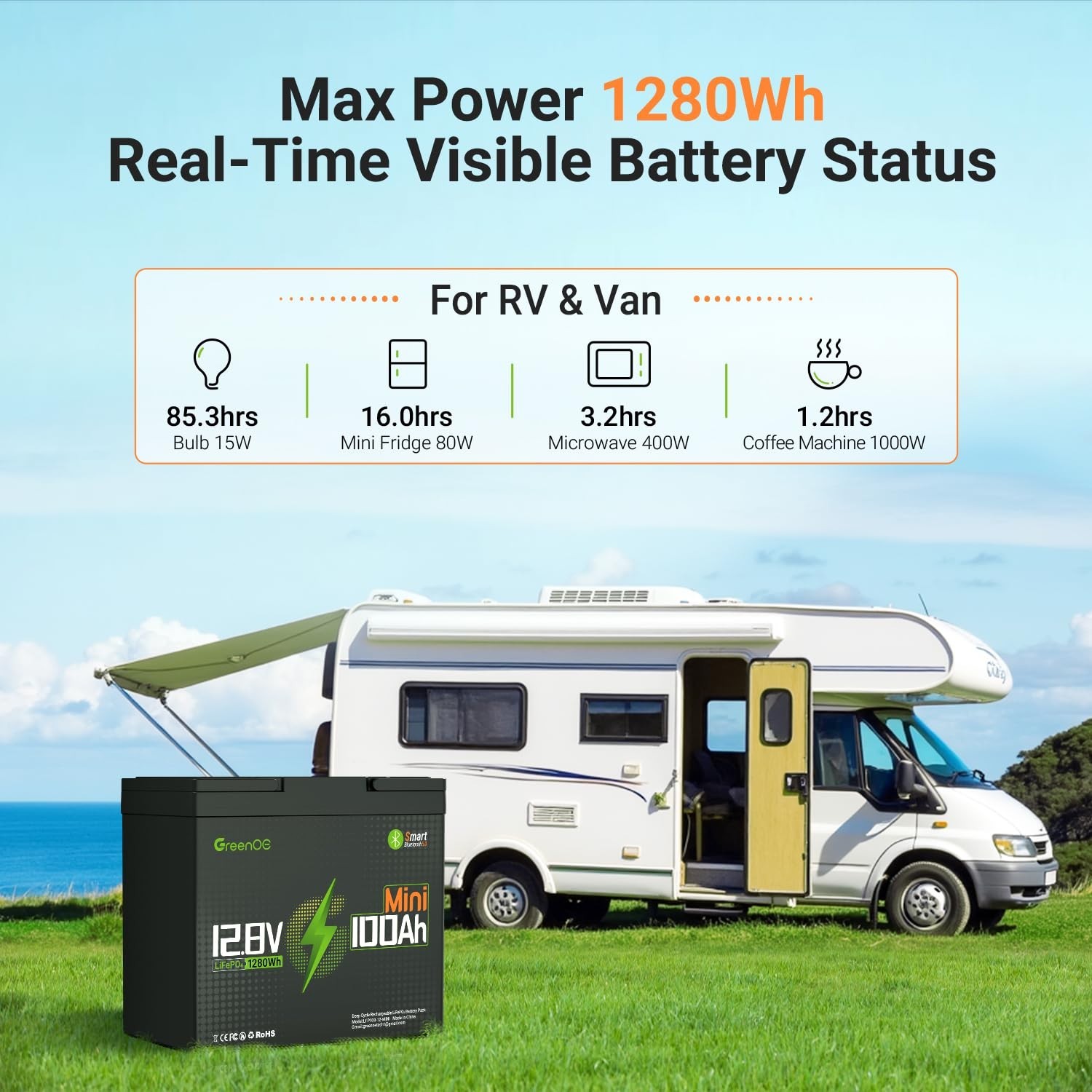 GreenOE 12V 100Ah Bluetooth Mini LiFePO4 Battery 15000 Deep Cycles For Solar Rv