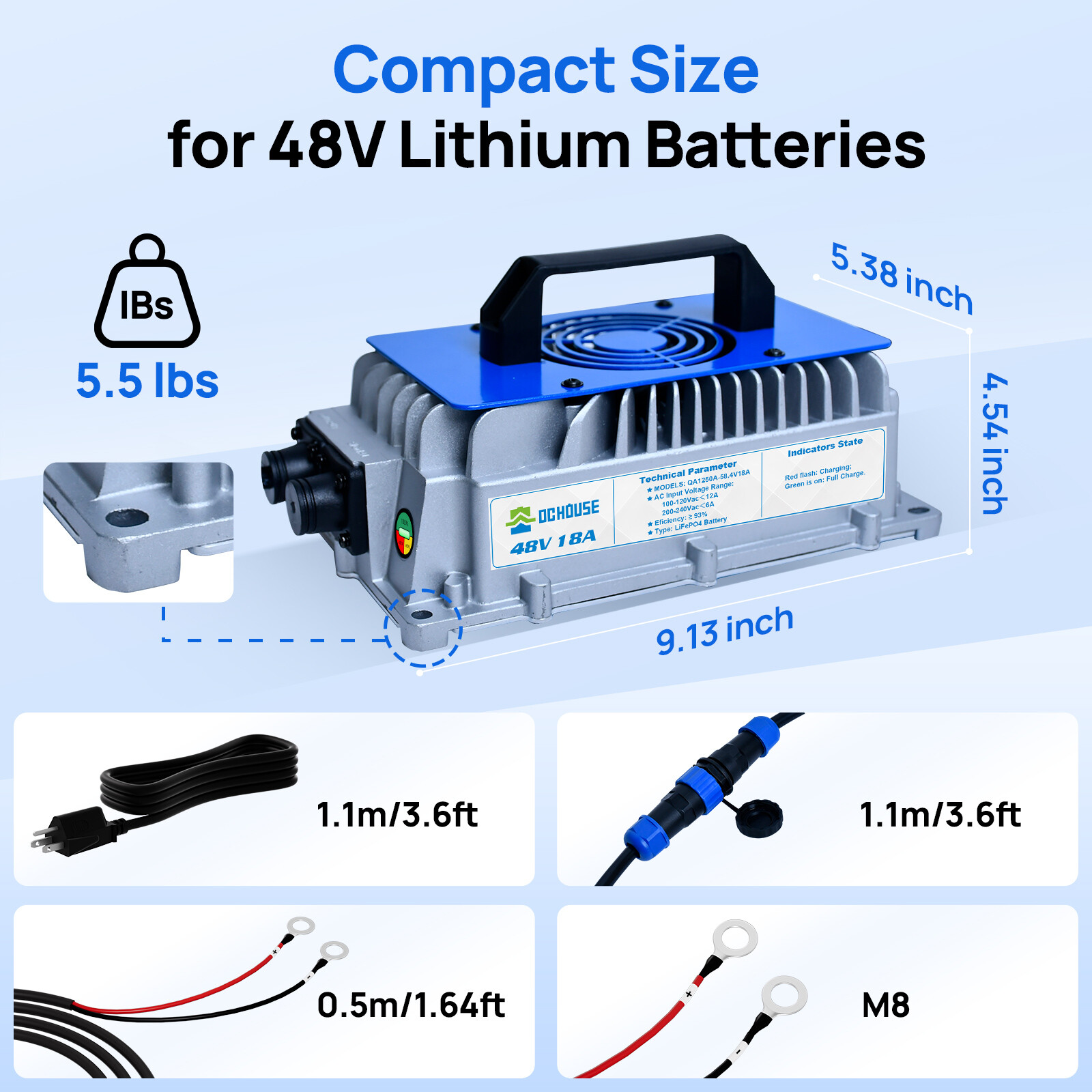 48V 50Ah LiFePO4 Lithium Battery Golf Cart with 18A Charger Smart Monitor RV