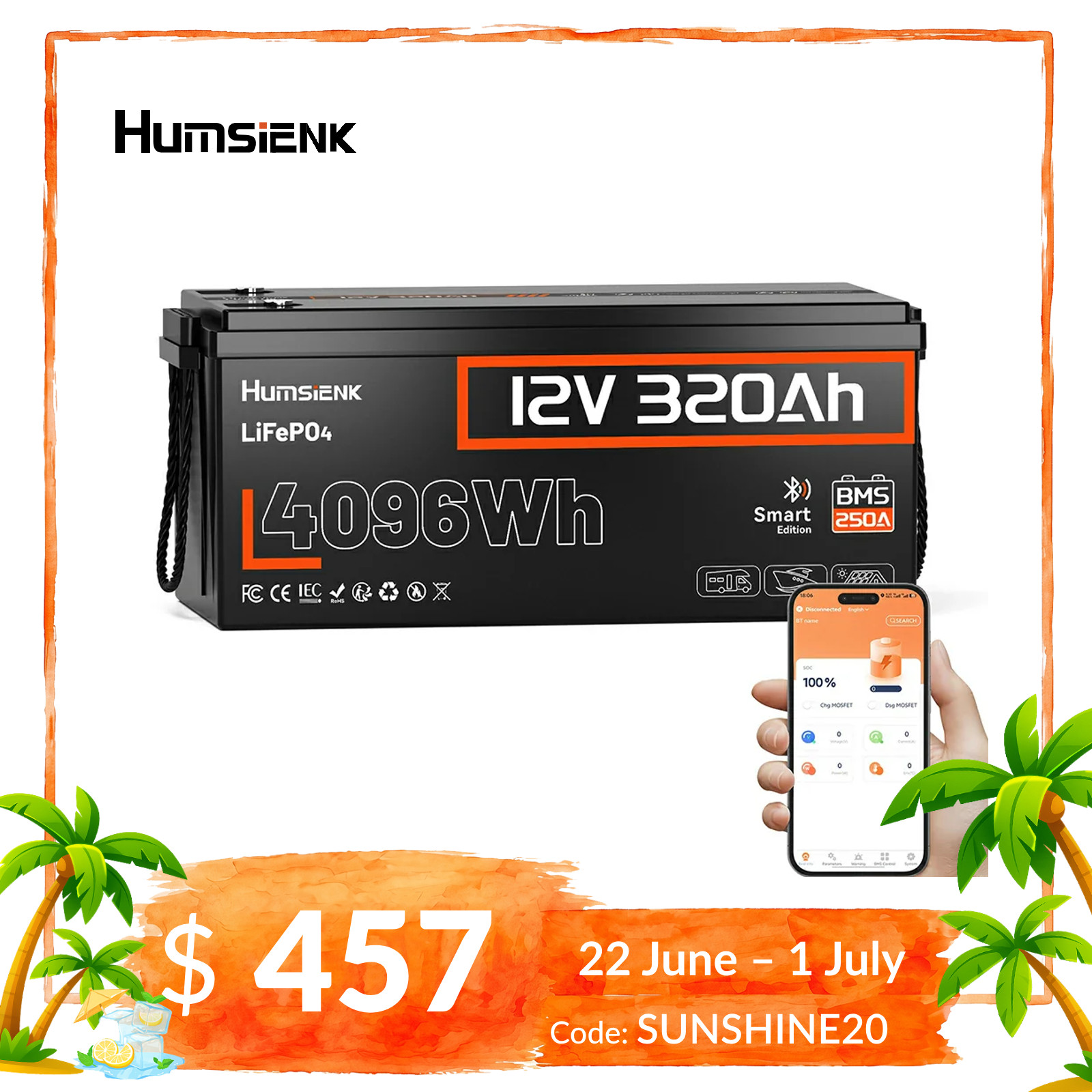 12V 320Ah 4096Wh LiFePO4 Lithium Battery 250A BMS Bluetooth for Van RV Off-Grid