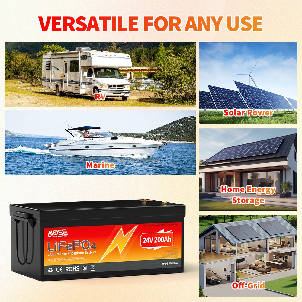 24V 200Ah LiFePO4 Deep Cycle Lithium Battery 200A BMS RV Solar Off-grid Marine