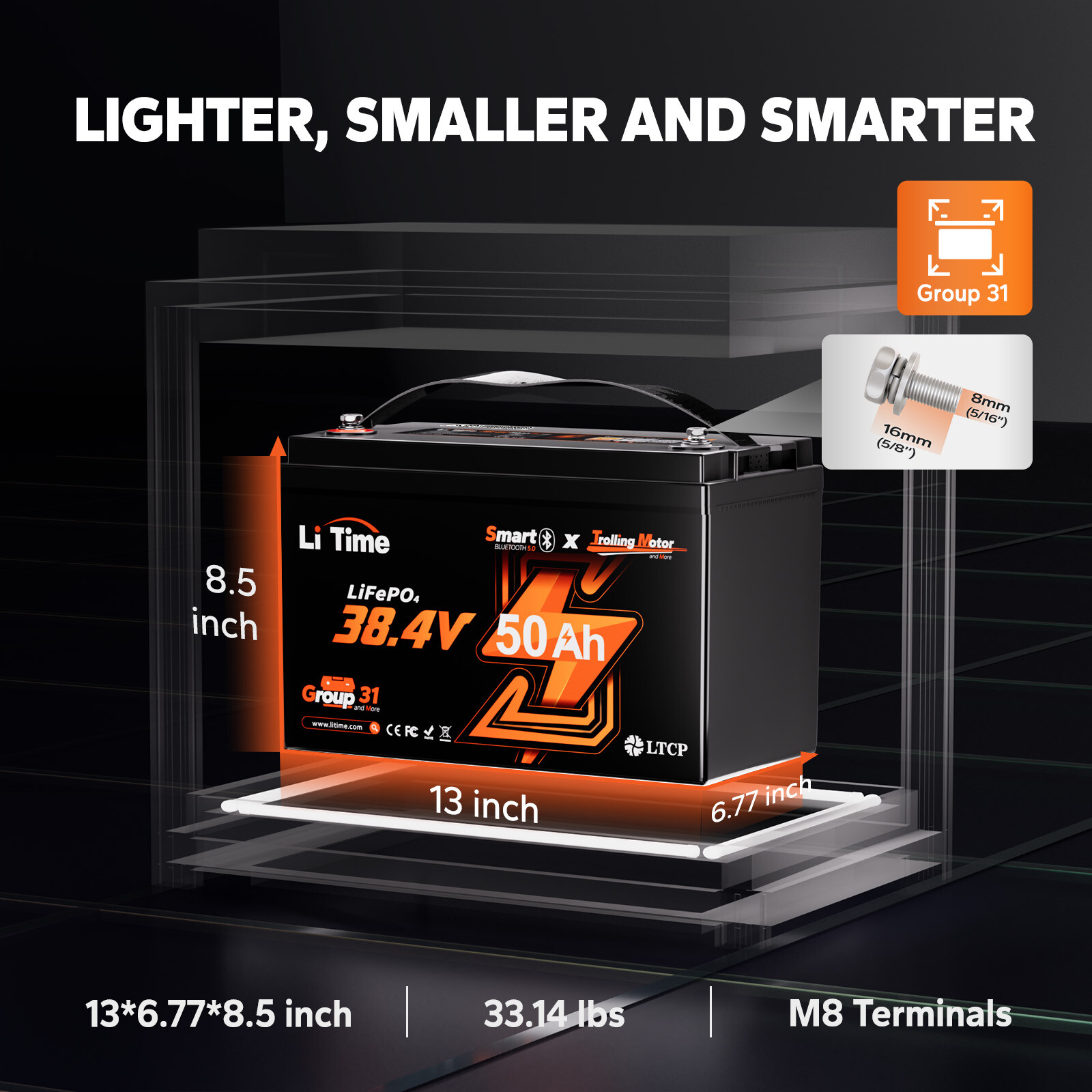 LiTime 36V 50Ah Bluetooth Group 31 LiFePO4 Battery Deep Cycle for Trolling Motor
