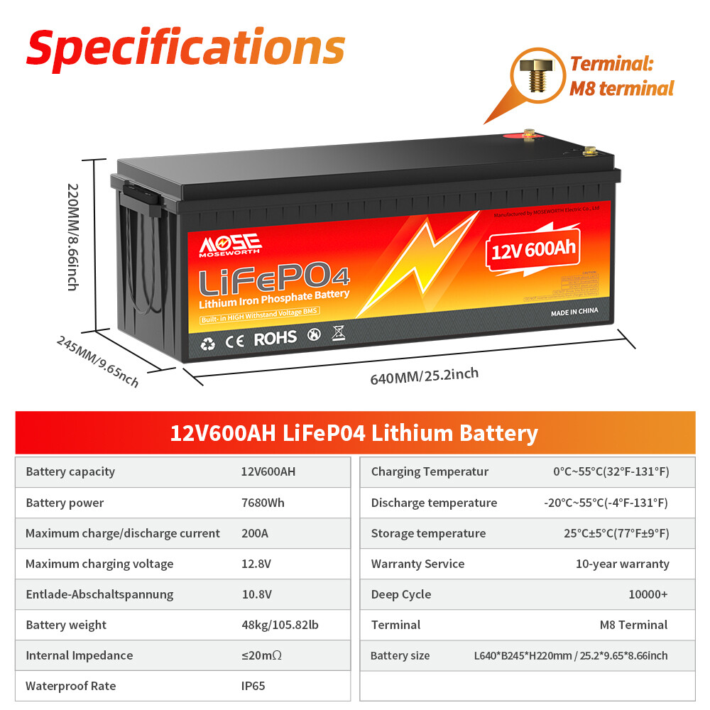 12V 600AH LiFePO4 Lithium Battery 200A BMS 15000+cycles RV Solar Marine 7680Wh
