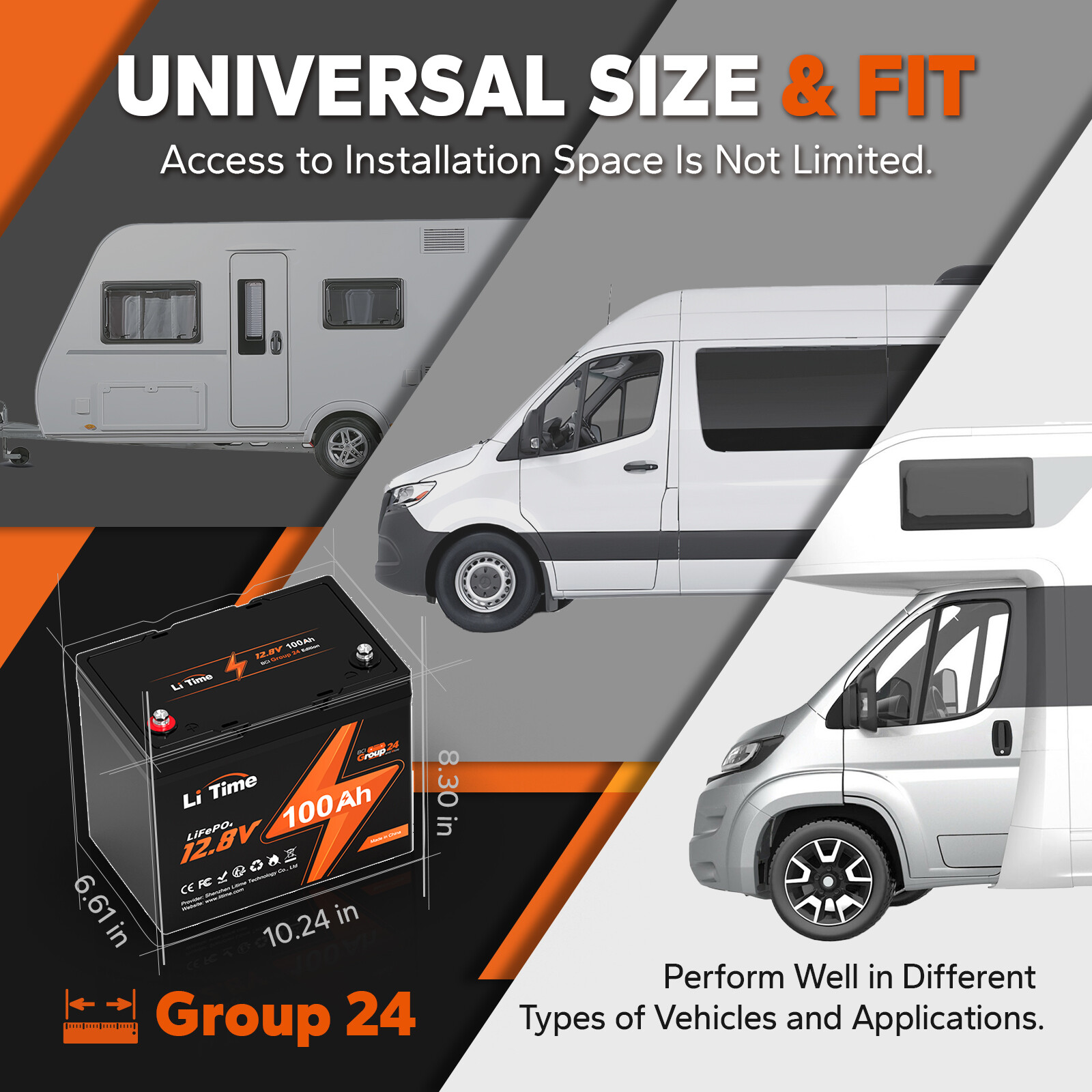 LiTime 12V 100Ah Group 24 LiFePO4 Lithium Battery BMS 1280Wh For RV Solar Marine