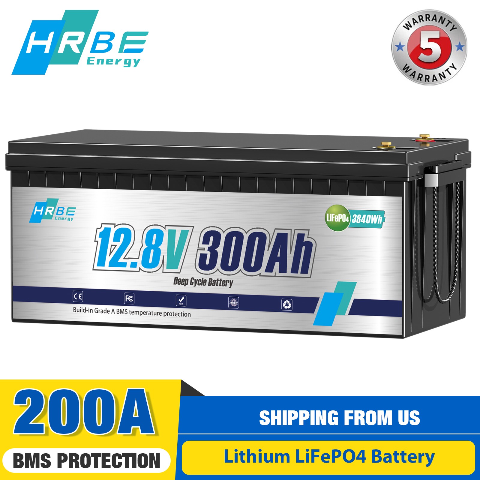 LiFePO4 12V 300Ah Deep Cycle Lithium Battery 200A BMS for RV Solar Boat Off-grid