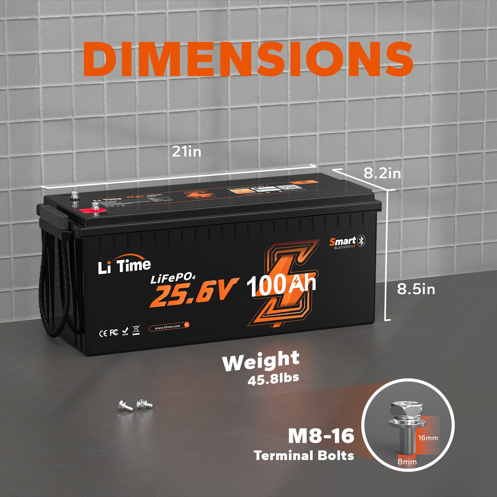 LiTime 24V 100Ah Bluetooth LiFePO4 Lithium Battery with 20A Charger For RV Boat