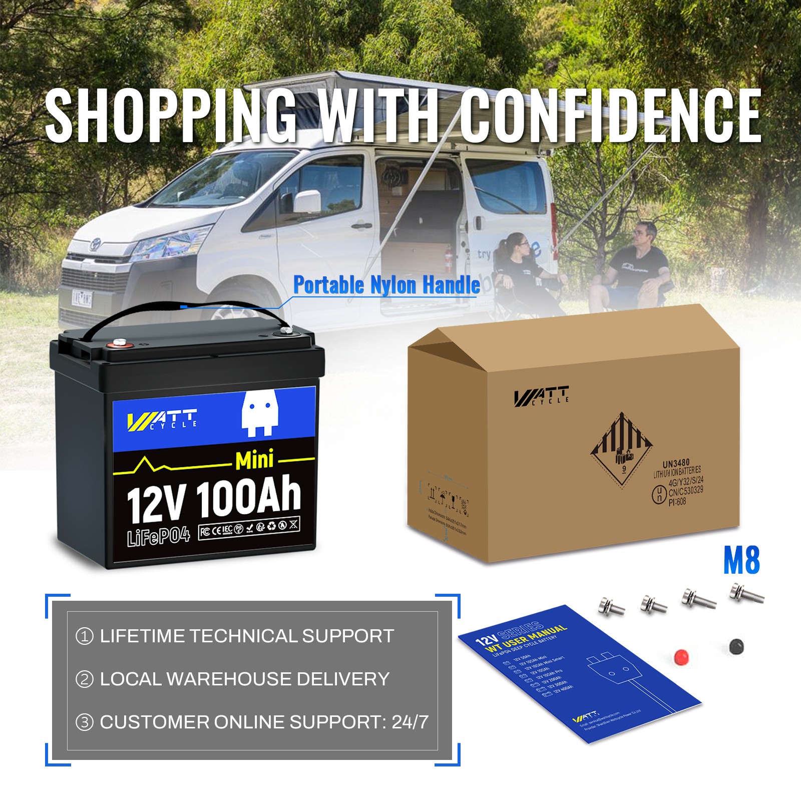 Wattcycle 12V 100Ah Lithium Battery Deep Cycle with BMS for RV Solar Off-Grid