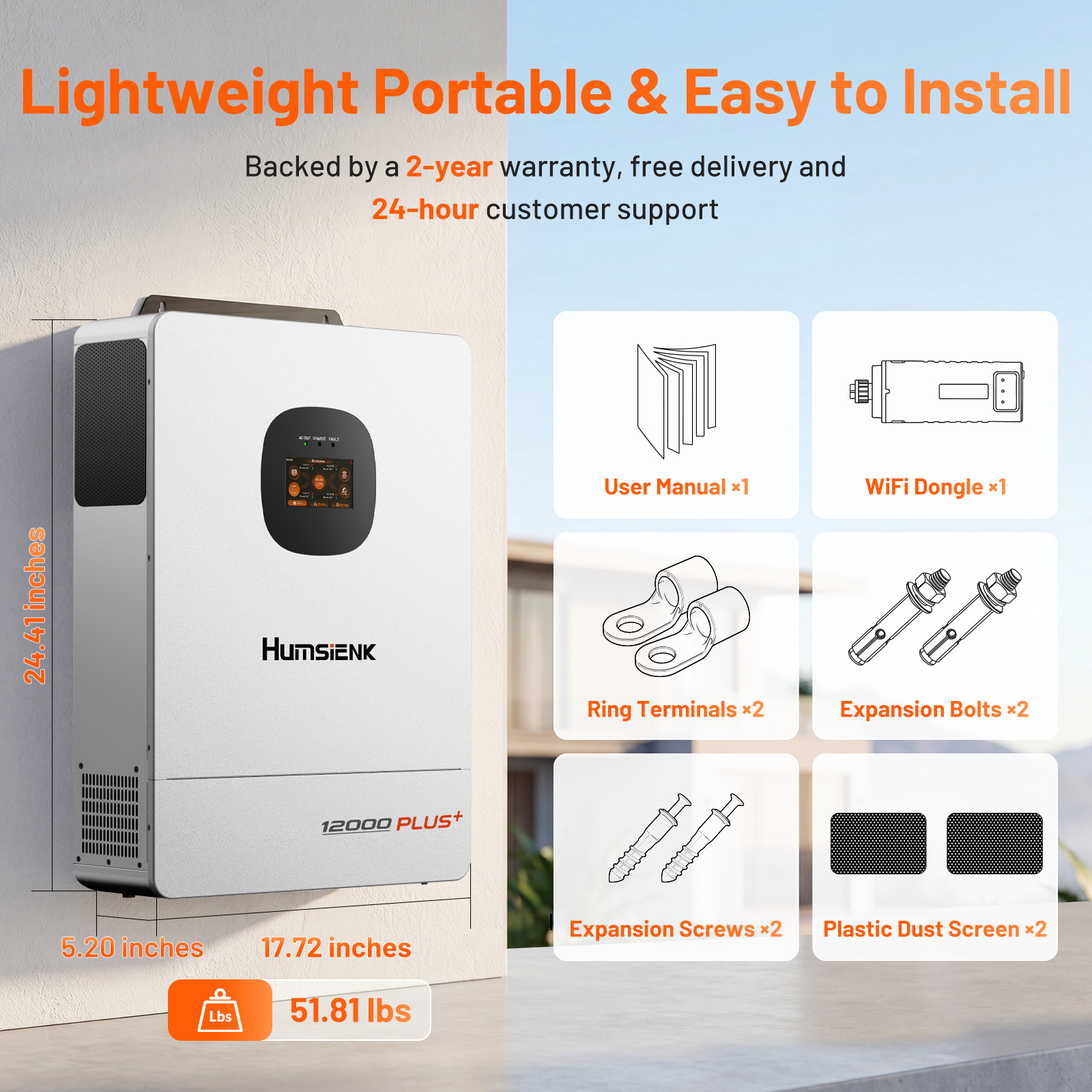 Humsienk 48V 12000W Solar Hybrid Inverter 3-in-1 120V/240V Split Phase Dual MPPT