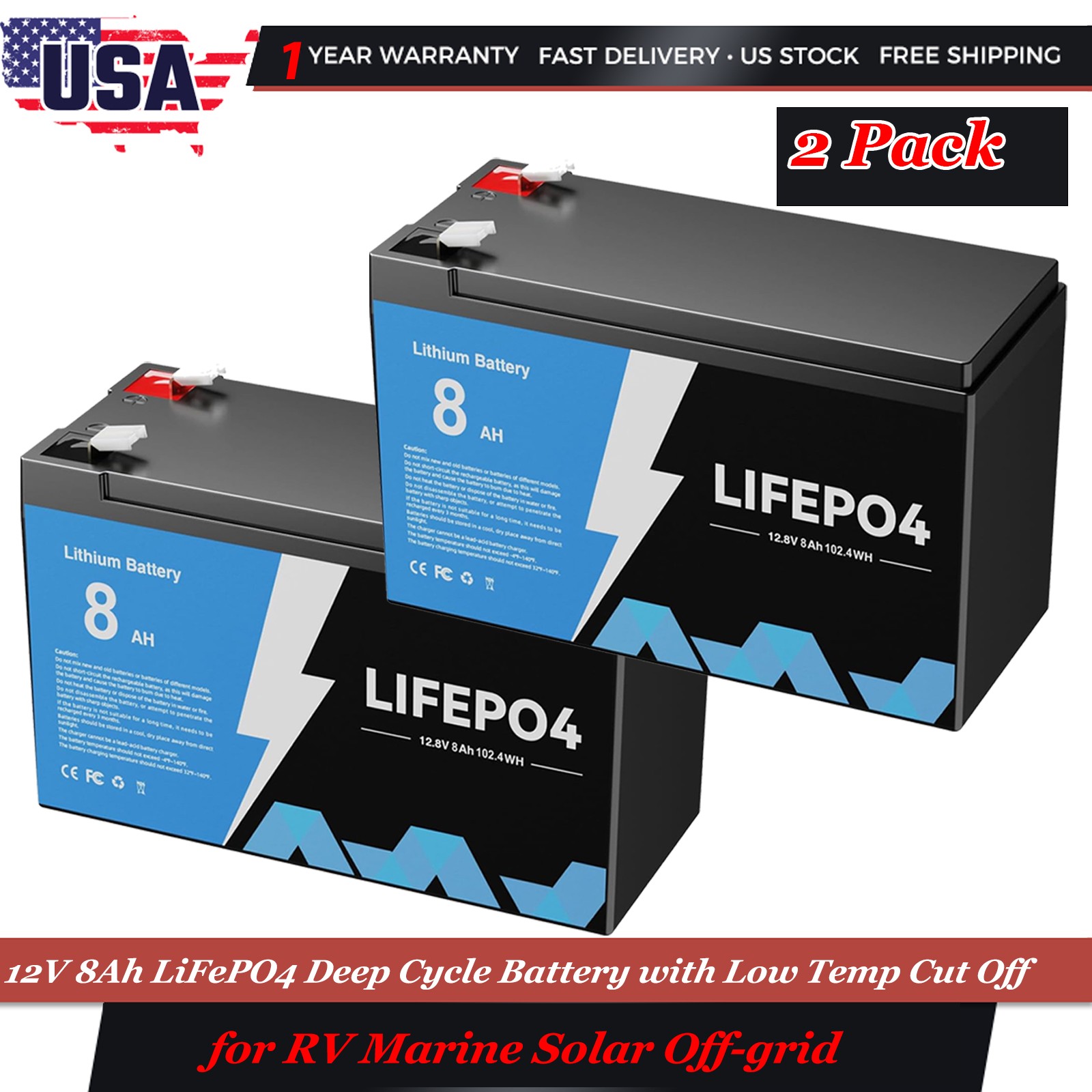 2Pack 12V 8Ah LiFePO4 Lithium Battery Built-in BMS 5000+ Cycles RV Camping New
