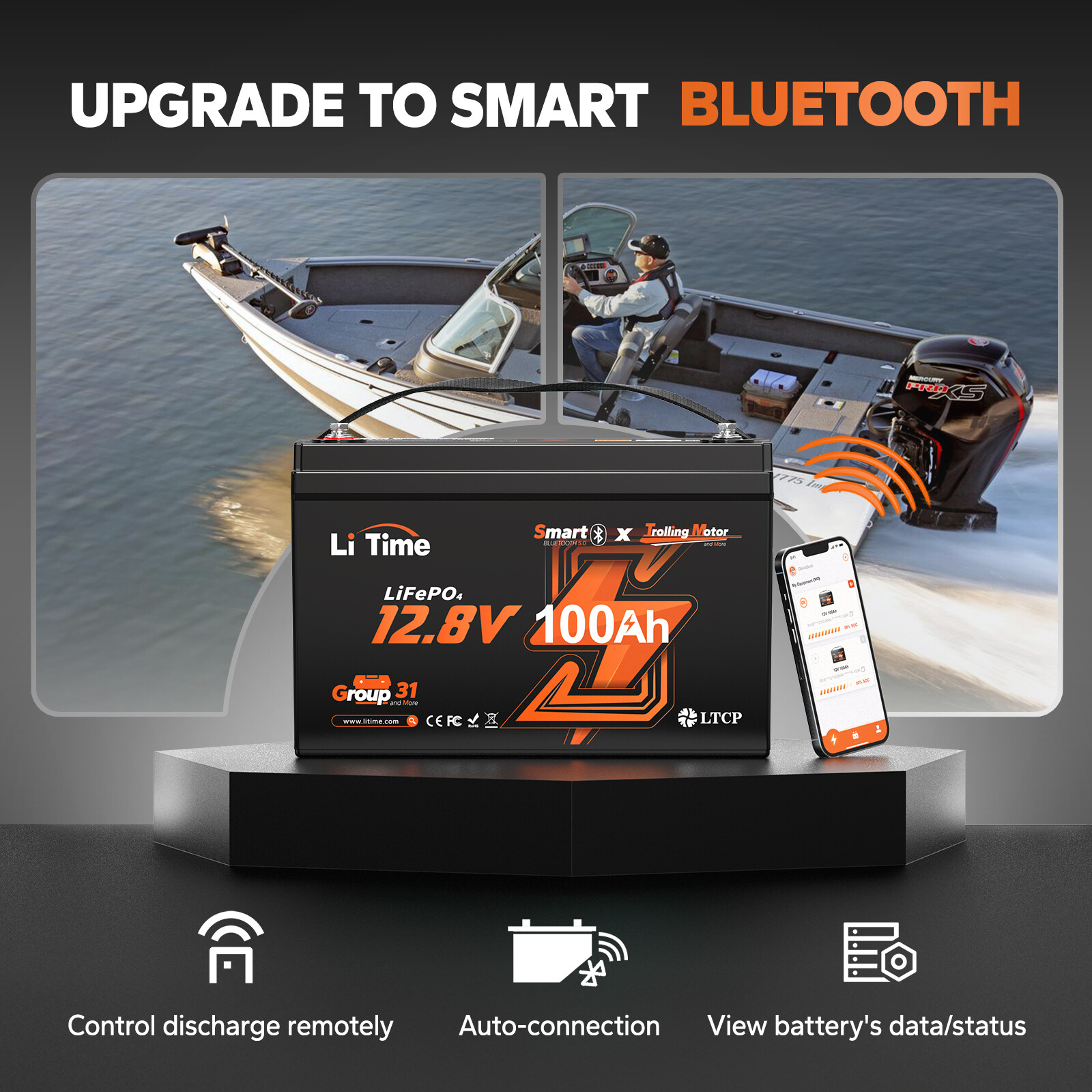 LiTime 12V 100Ah Group 31 Bluetooth Low-Temp LiFePO4 Lithium Battery For RV Boat