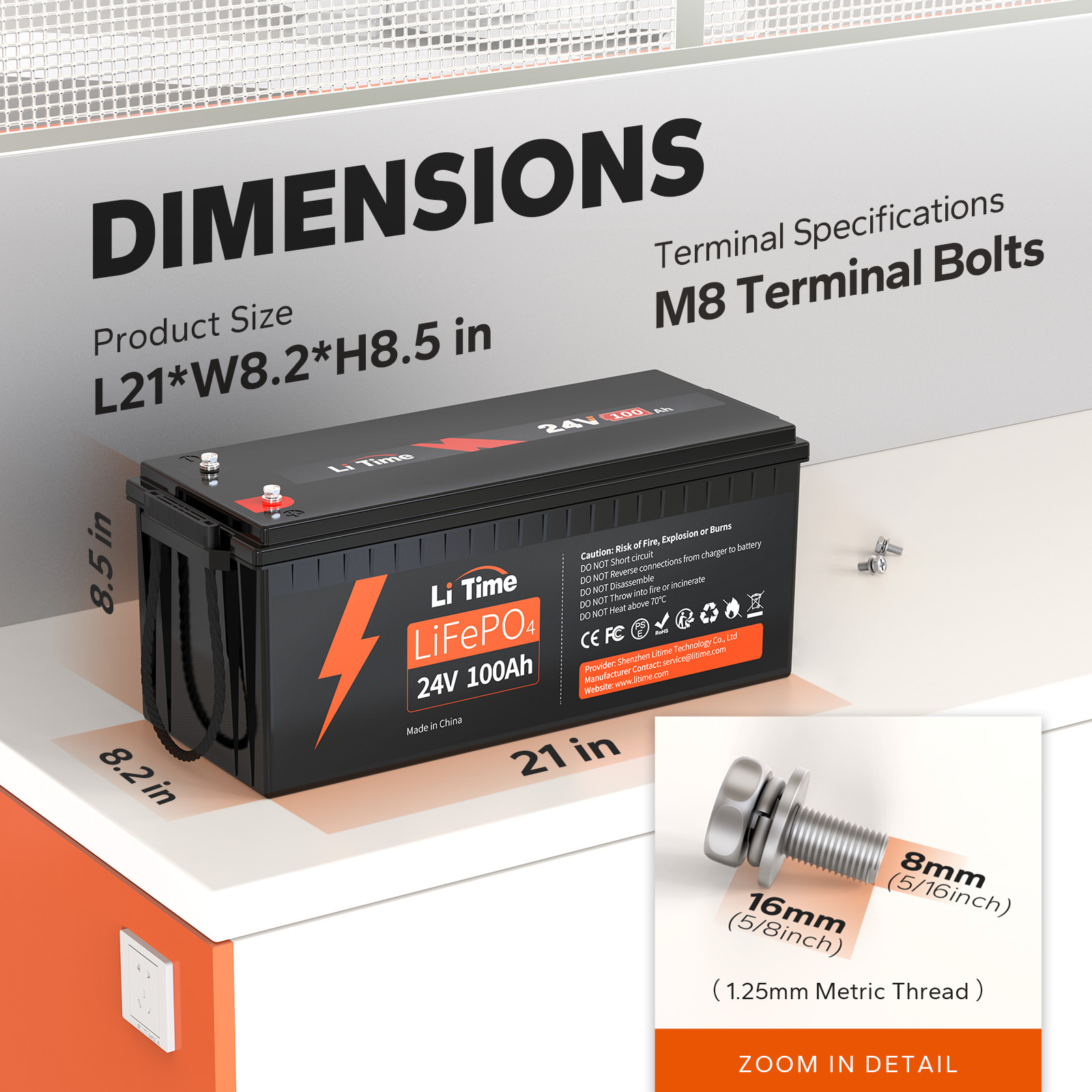 Litime 24V 100Ah LiFePO4 Lithium Battery BMS Deep Cycle for Off-grid Solar Boat
