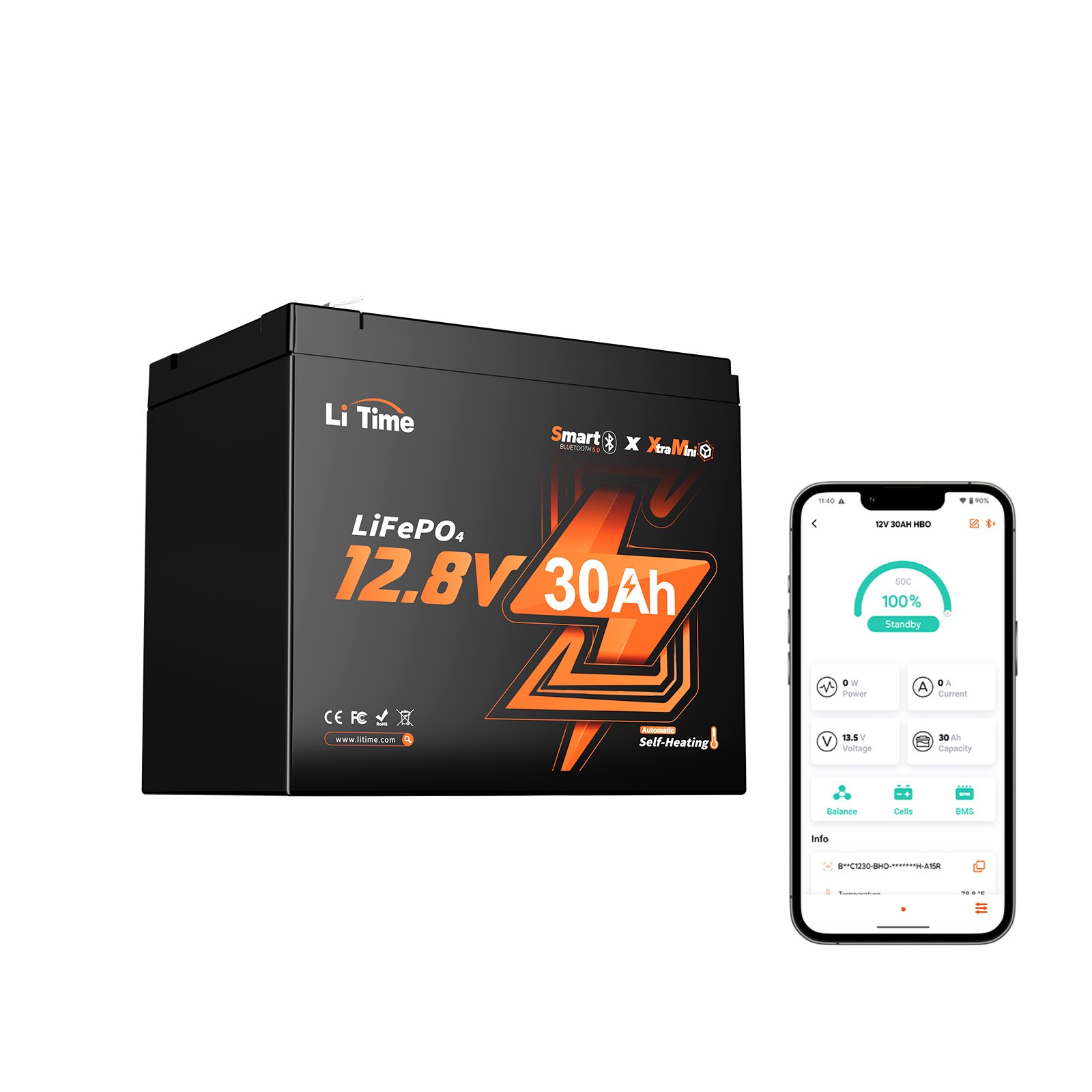 LiTime Portable 12V 30Ah Ice Fishing Lithium Battery with Bluetooth Self-Heating