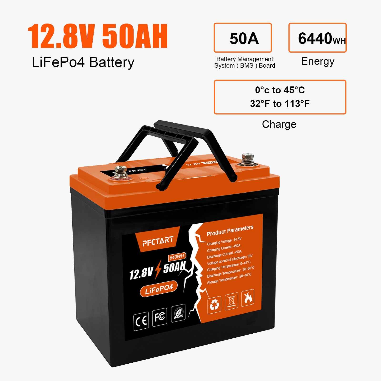 12V 50Ah LiFePO4 Lithium Battery Deep Cycle with Upgraded BMS for Solar Home RV