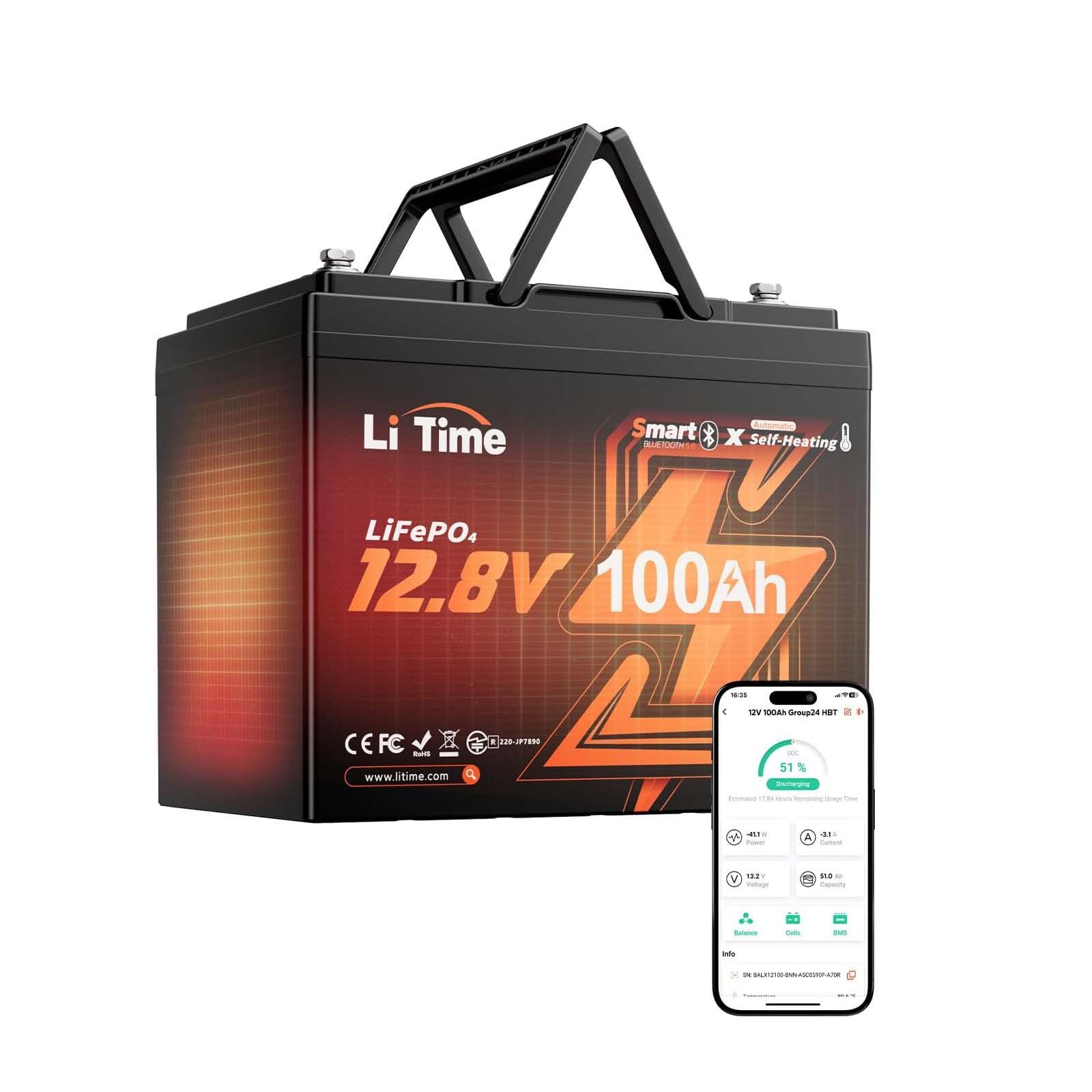 LiTime 12V 100Ah LiFePO4 Self Heating Battery Group 24 Size Bluetooth RV Lithium